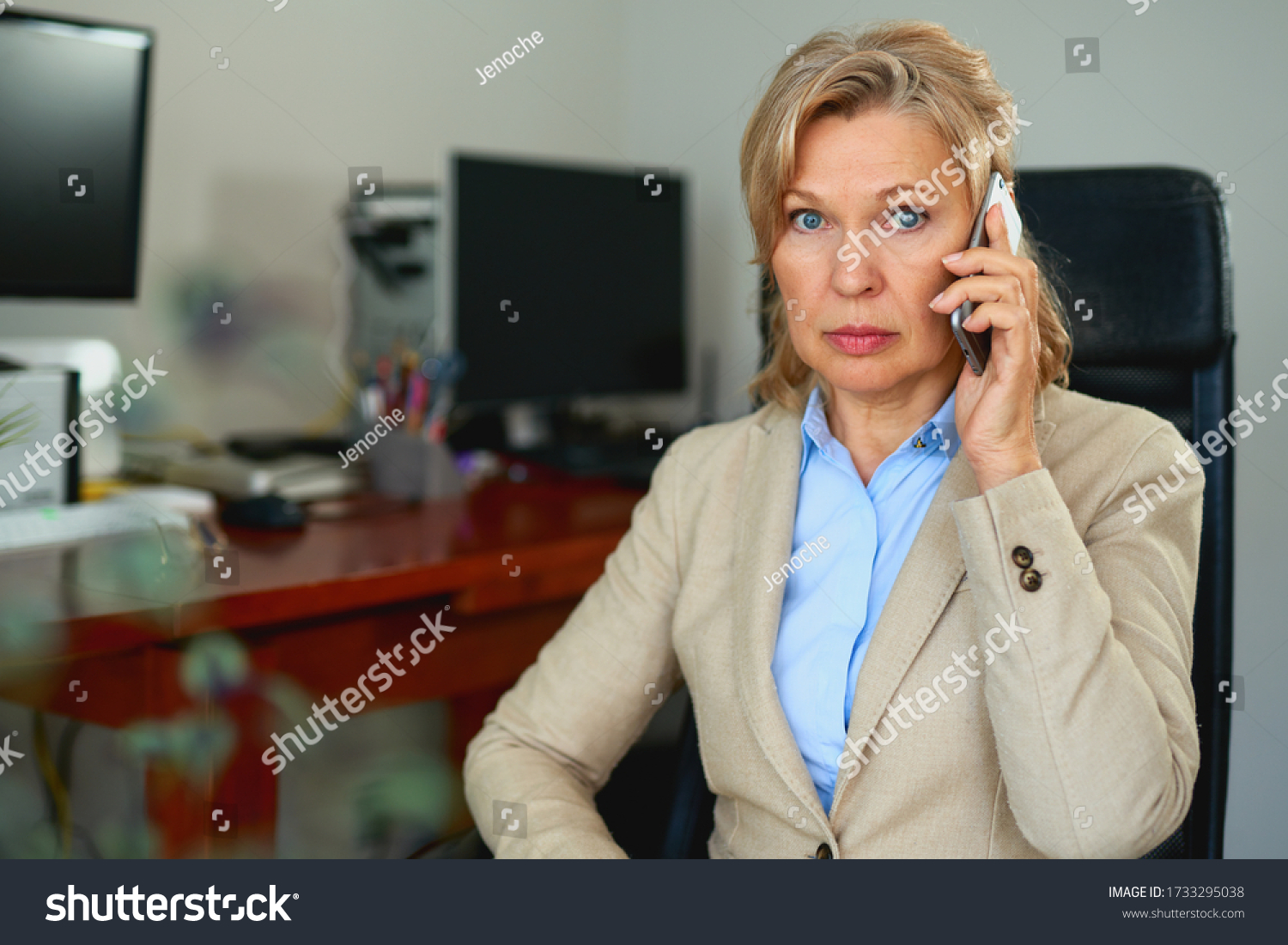 Portrait Mature Female Boss Working Office Stock Photo