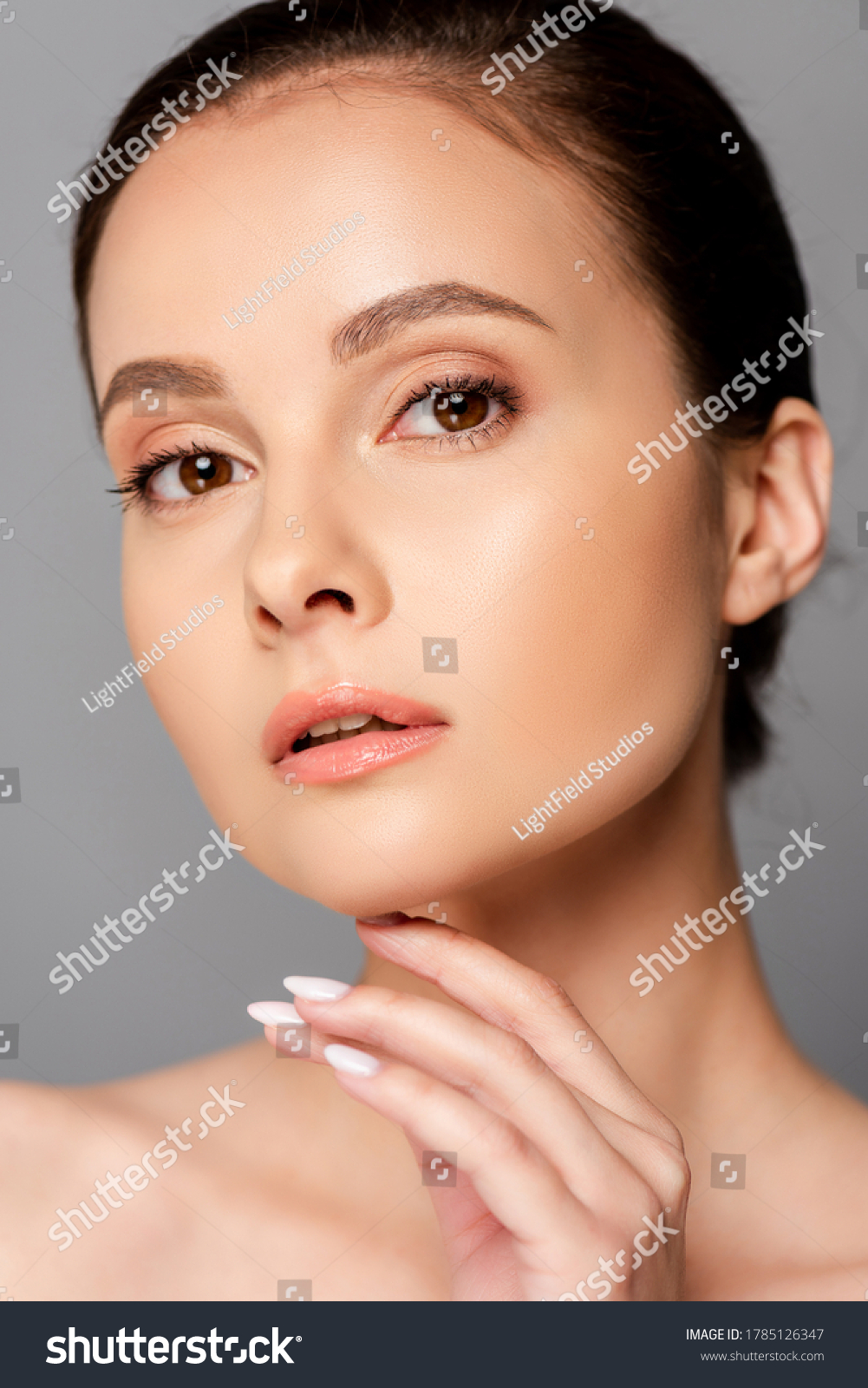 Beautiful Naked Woman Perfect Skin Touching Stock Photo