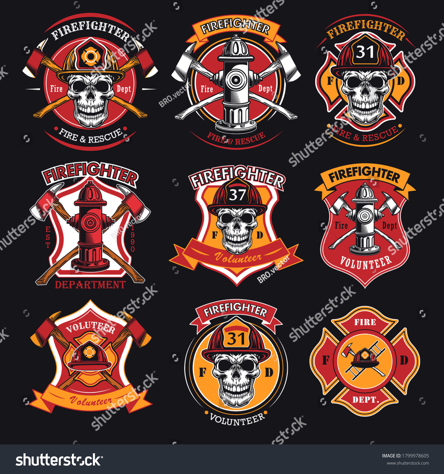 Firefighter Patches Set Badges Skulls Helmets Stock Vector Royalty