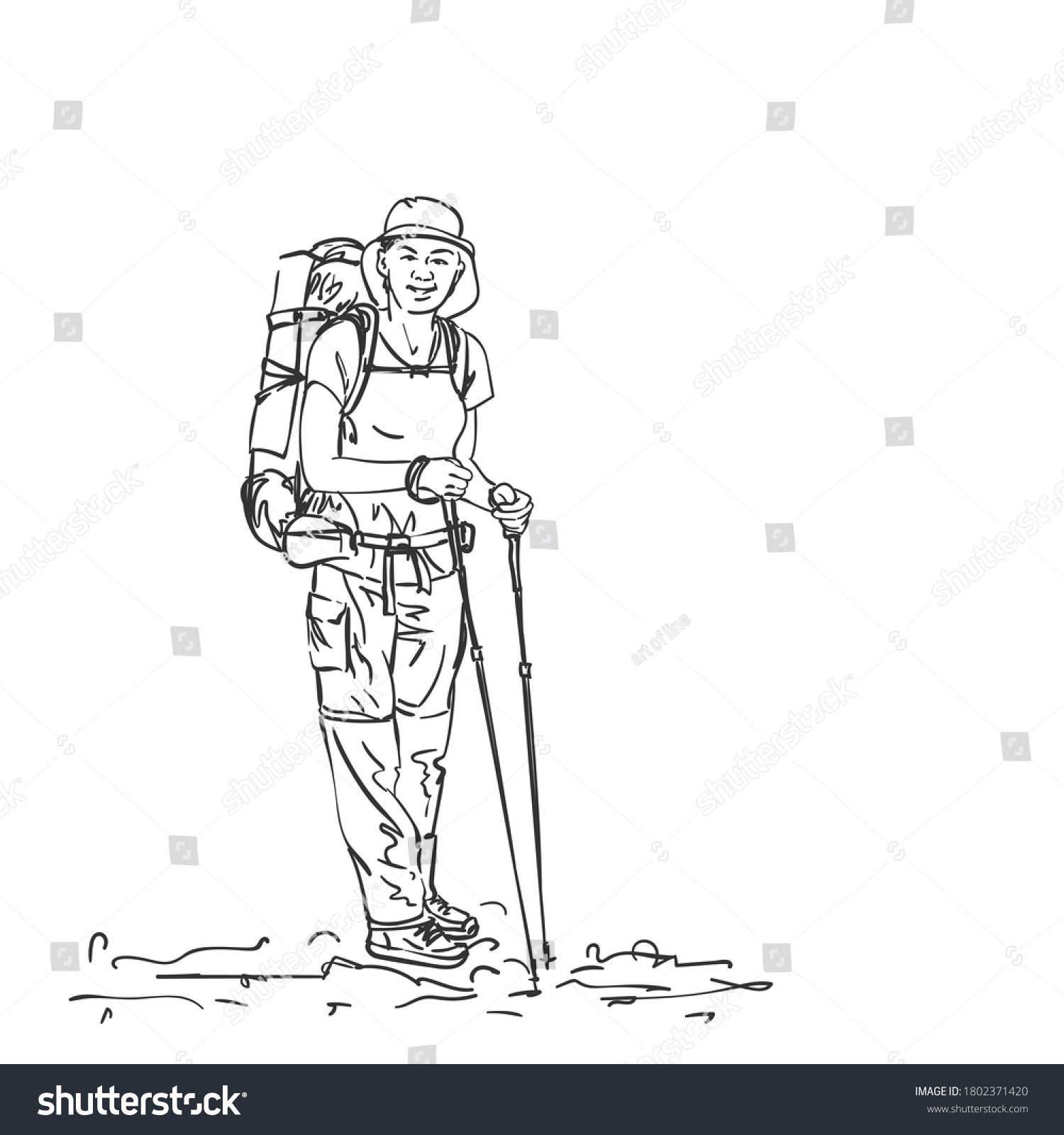 Drawing Girl Backpacker Hiker Vector Sketch Stock Vector Royalty Free