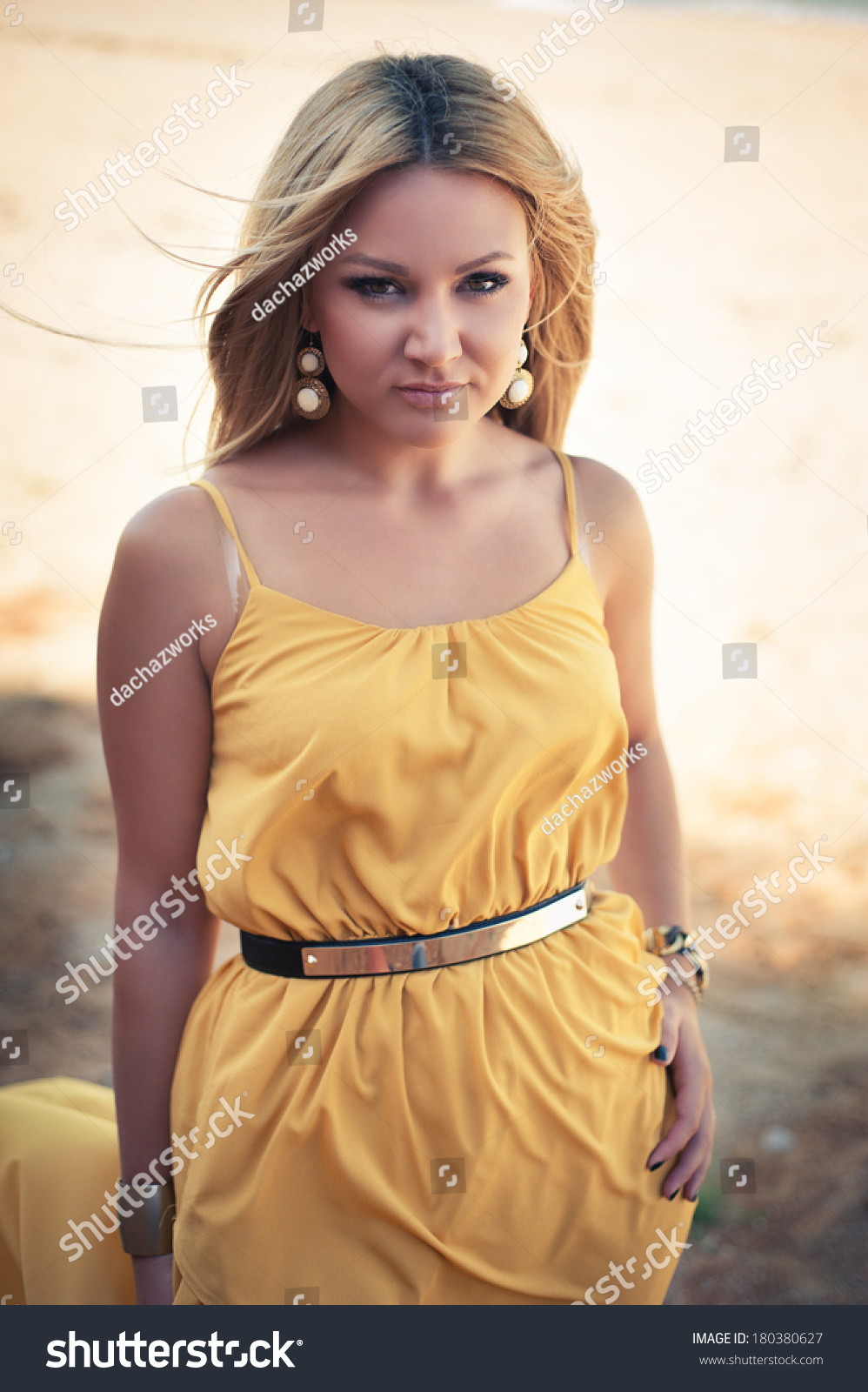 Portrait Sexual Blonde Gold Dress Fashion Stock Photo 180380627