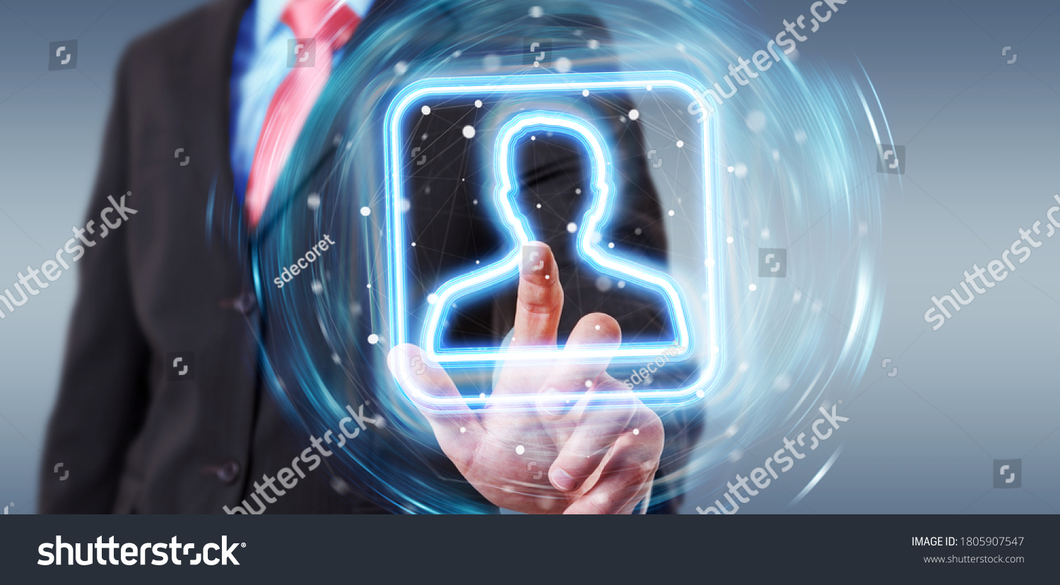 Man On Blurred Background Using Digital Stock Photo 1805907547