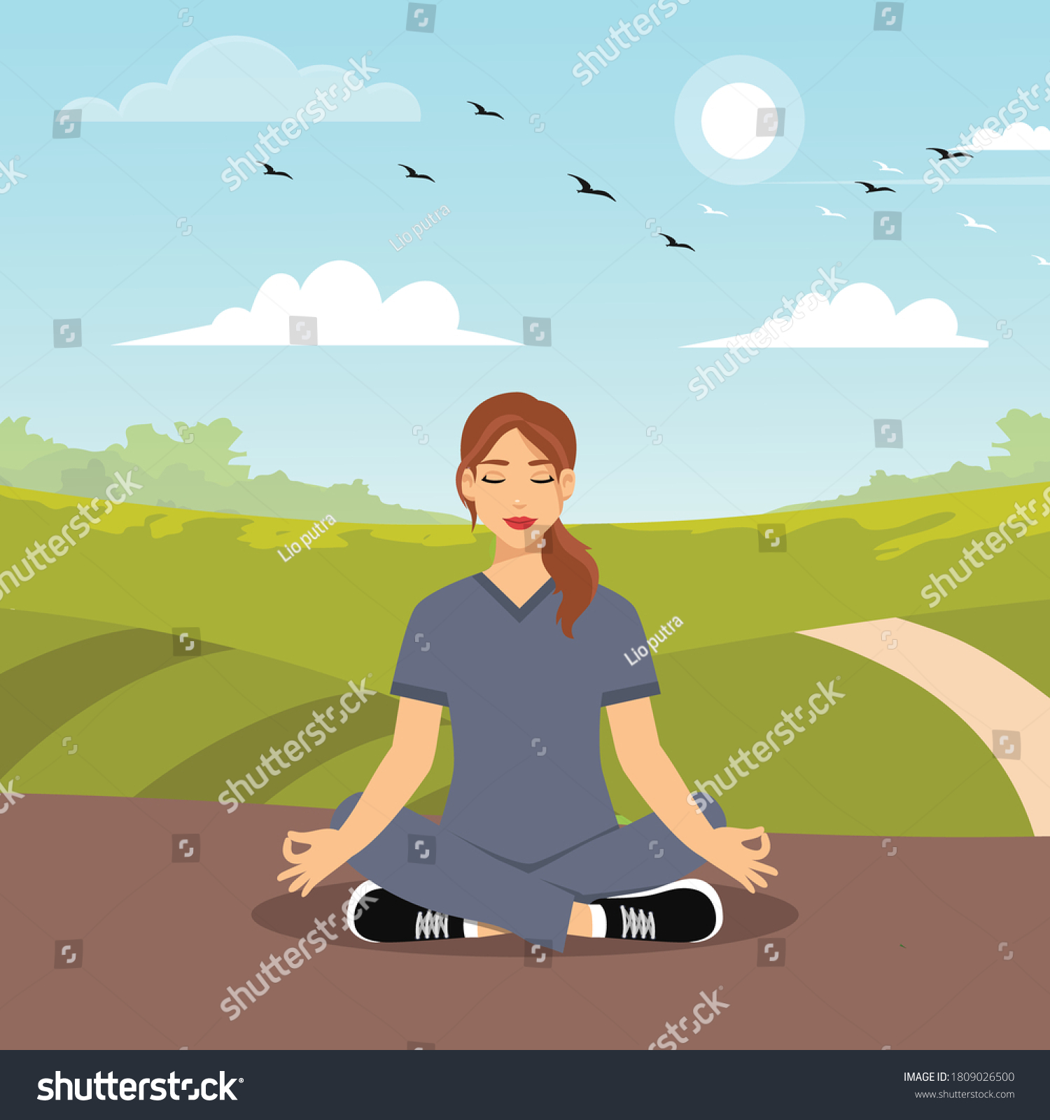 Woman Meditating Nature Leaves Concept Illustration Stock Vector