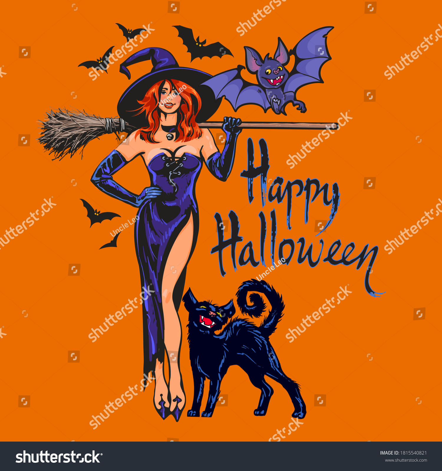 Halloween Beautiful Sexy Witch Holding Broomstick Stock Vector Royalty