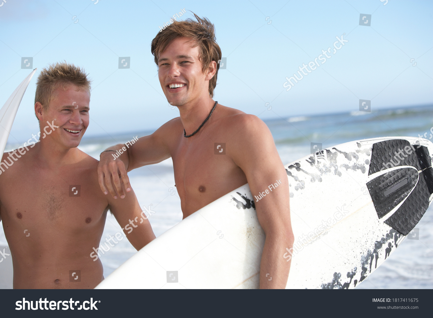 Two Shirtless Men Surfboards Standing Beach Stock Photo