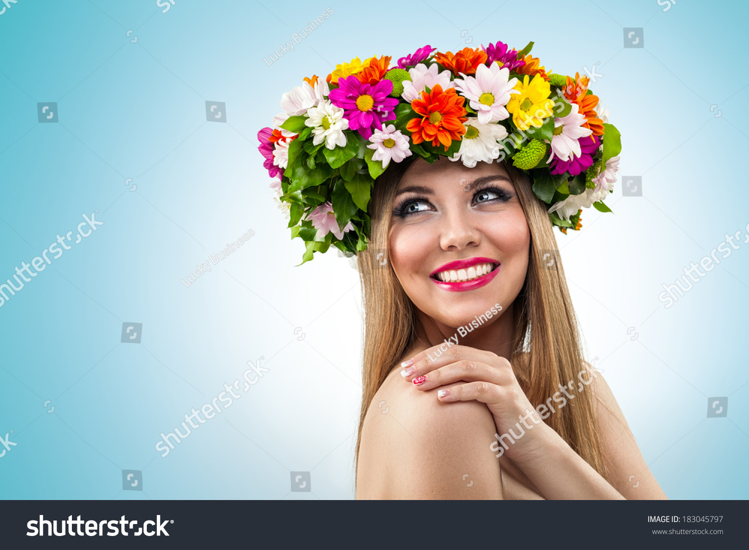 Beautiful Naked Woman Smiling Posing Flower Stock Photo