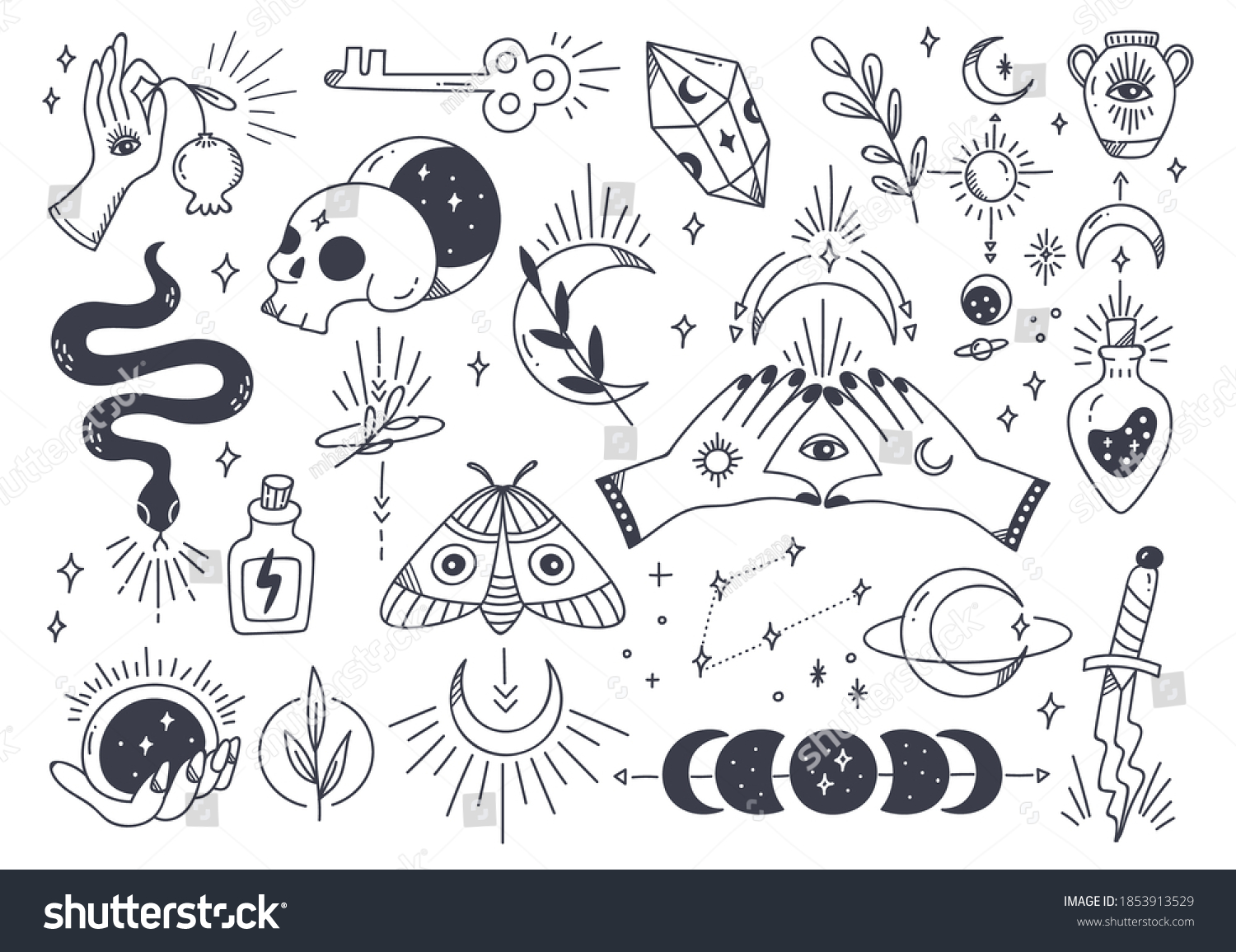 Set Mystic Astronomy Hand Drawn Doodle Stock Vector Royalty Free