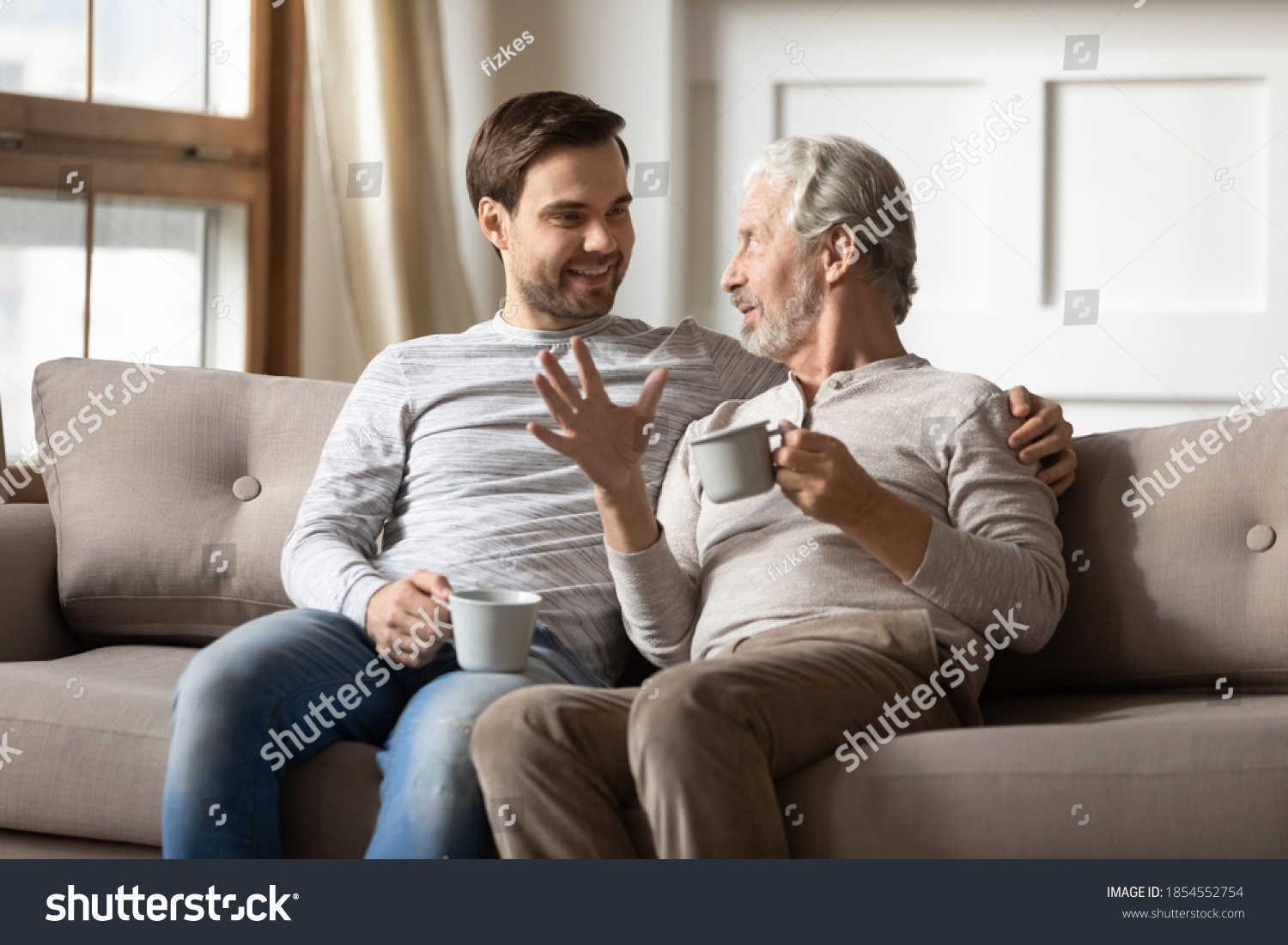 Happy Mature Father Adult Son Drinking Stock Photo 1854552754