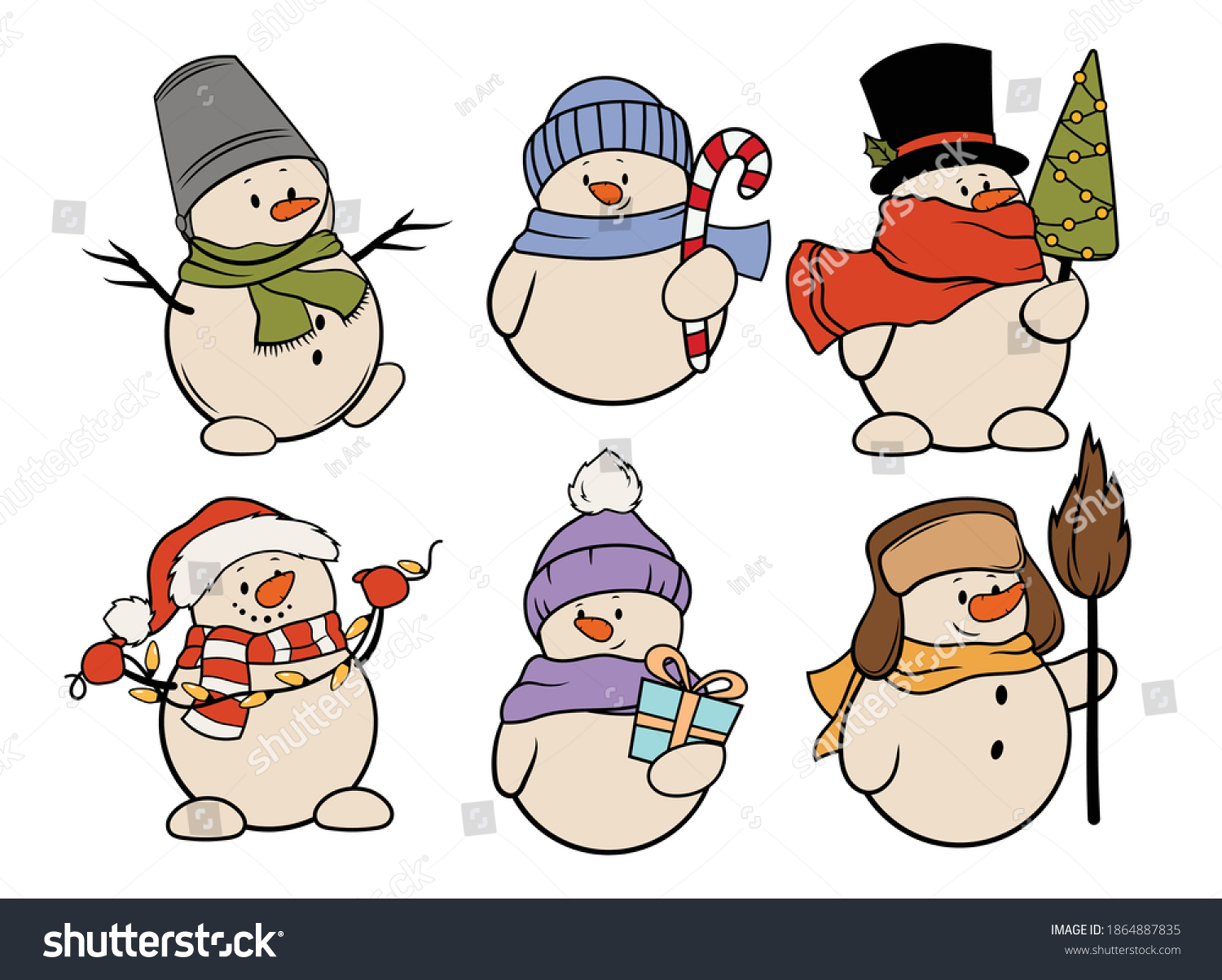 Set Christmas Snowman Collection Funny Stylized Stock Vector Royalty