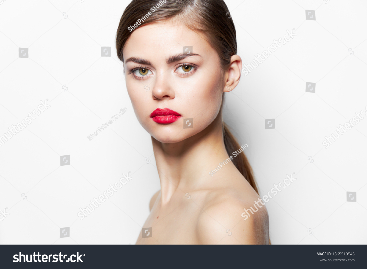 Brunette Red Lips Nude Shoulders Attractive Stock Photo 1865510545