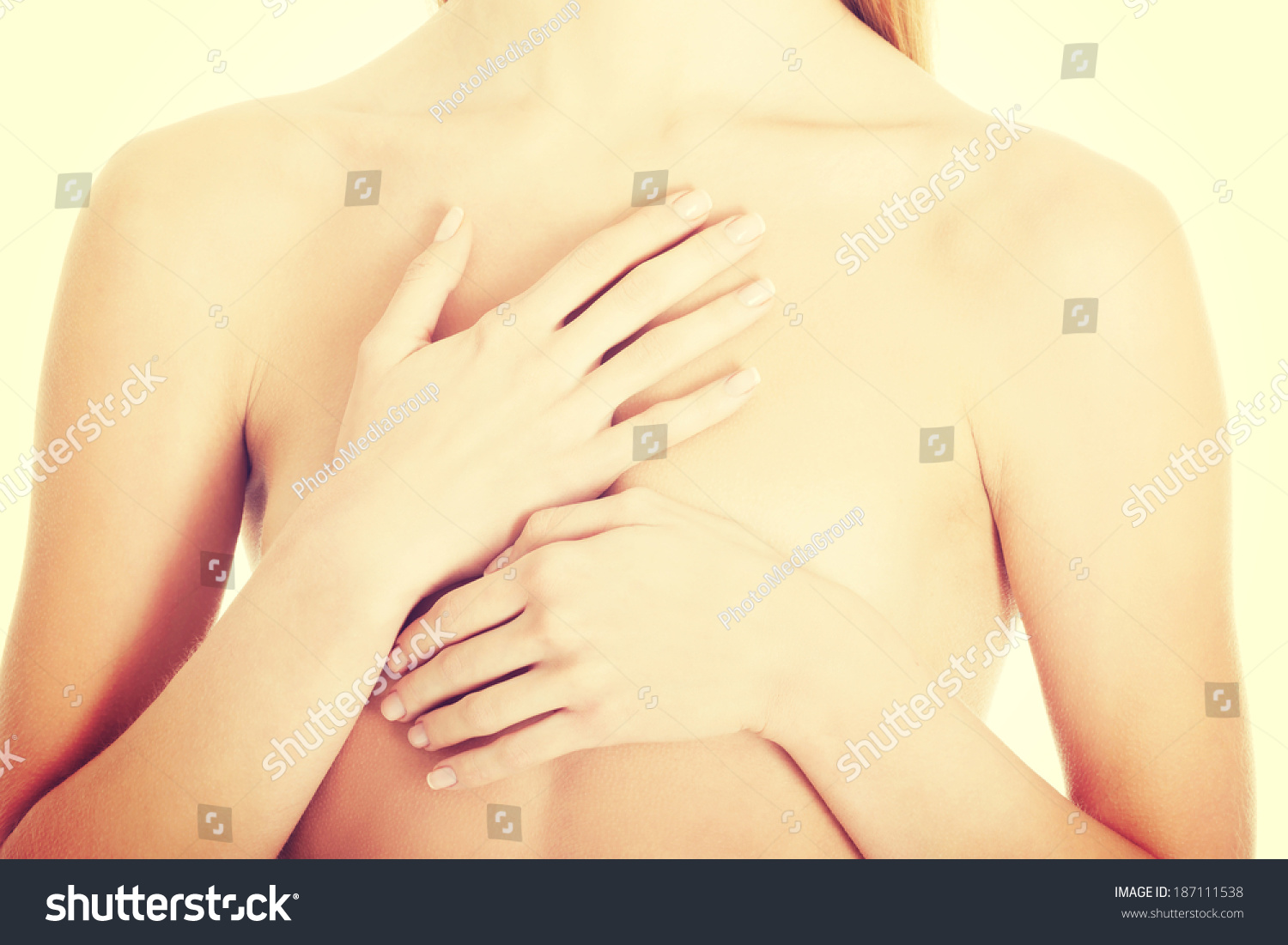 Beautiful Caucasian Naked Woman Covering Her Stock Photo 187111538