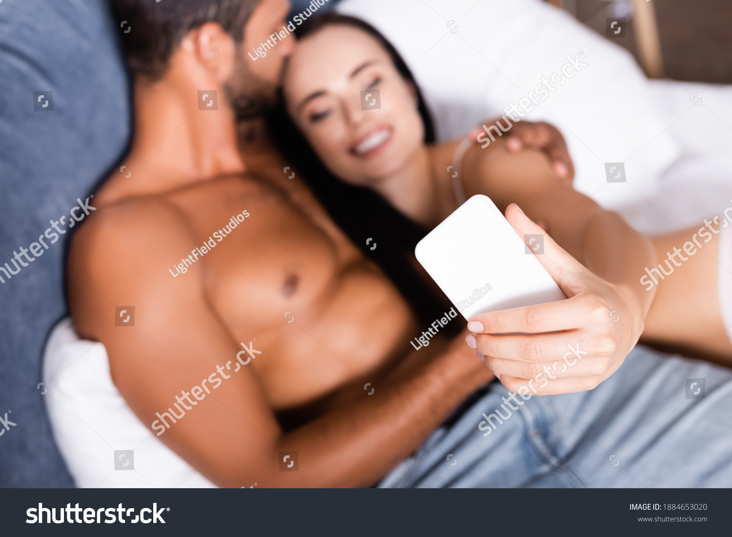 Shirtless Man Kissing Happy Woman On Stock Photo 1884653020 Shutterstock