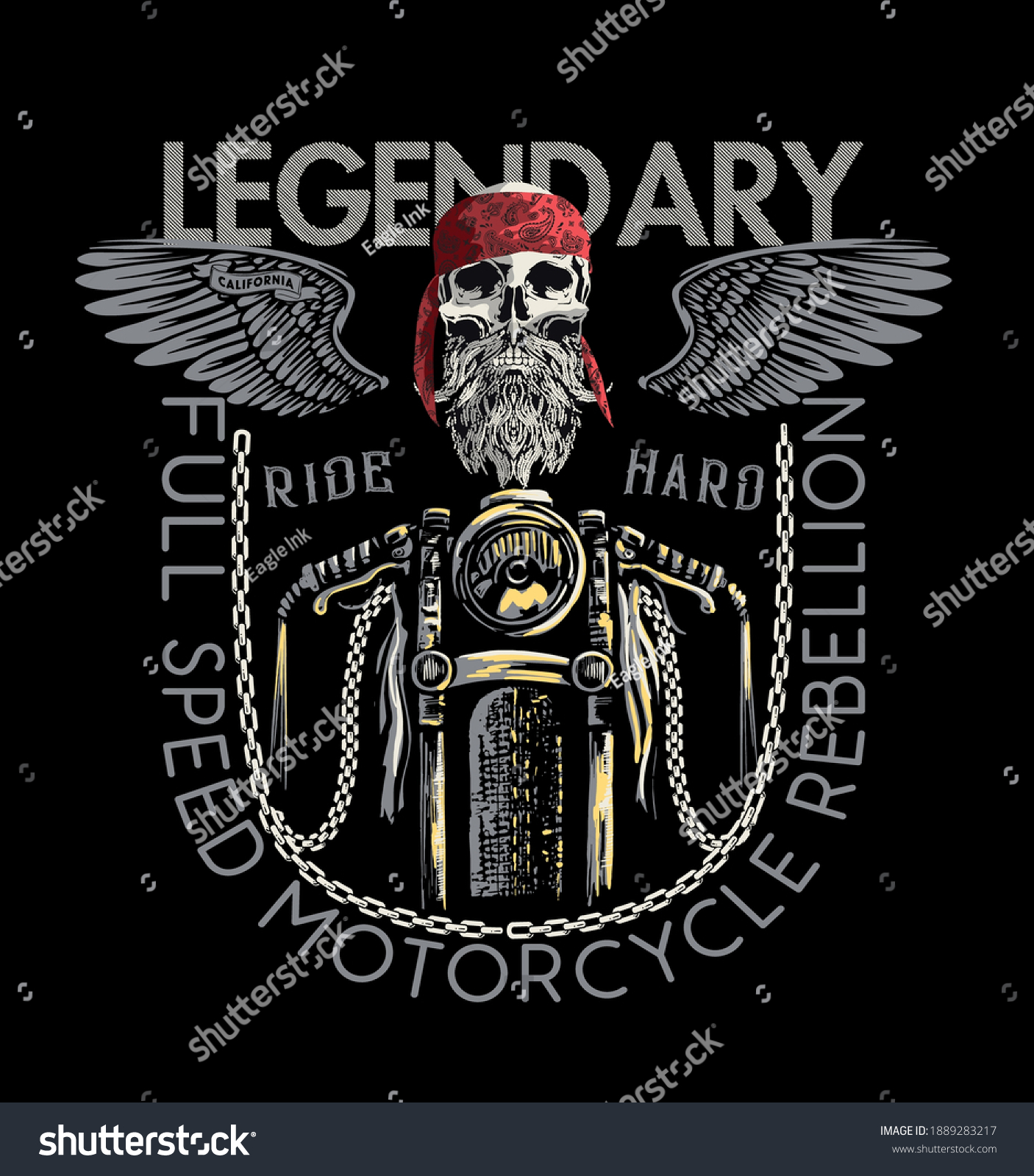 Vintage Biker Skull Wings Pistons Emblem Stock Vector Royalty Free