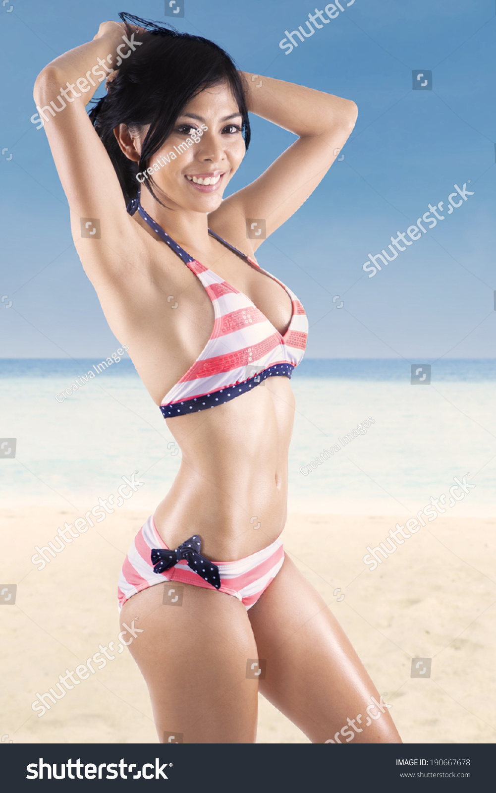 Sexy Asian Woman Wearing Striped Bikini Foto Stok Shutterstock