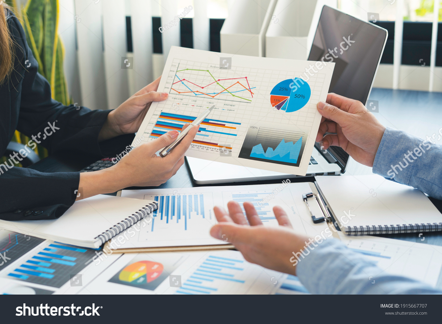 Finance Business People Accountants Point Graph Stock Photo