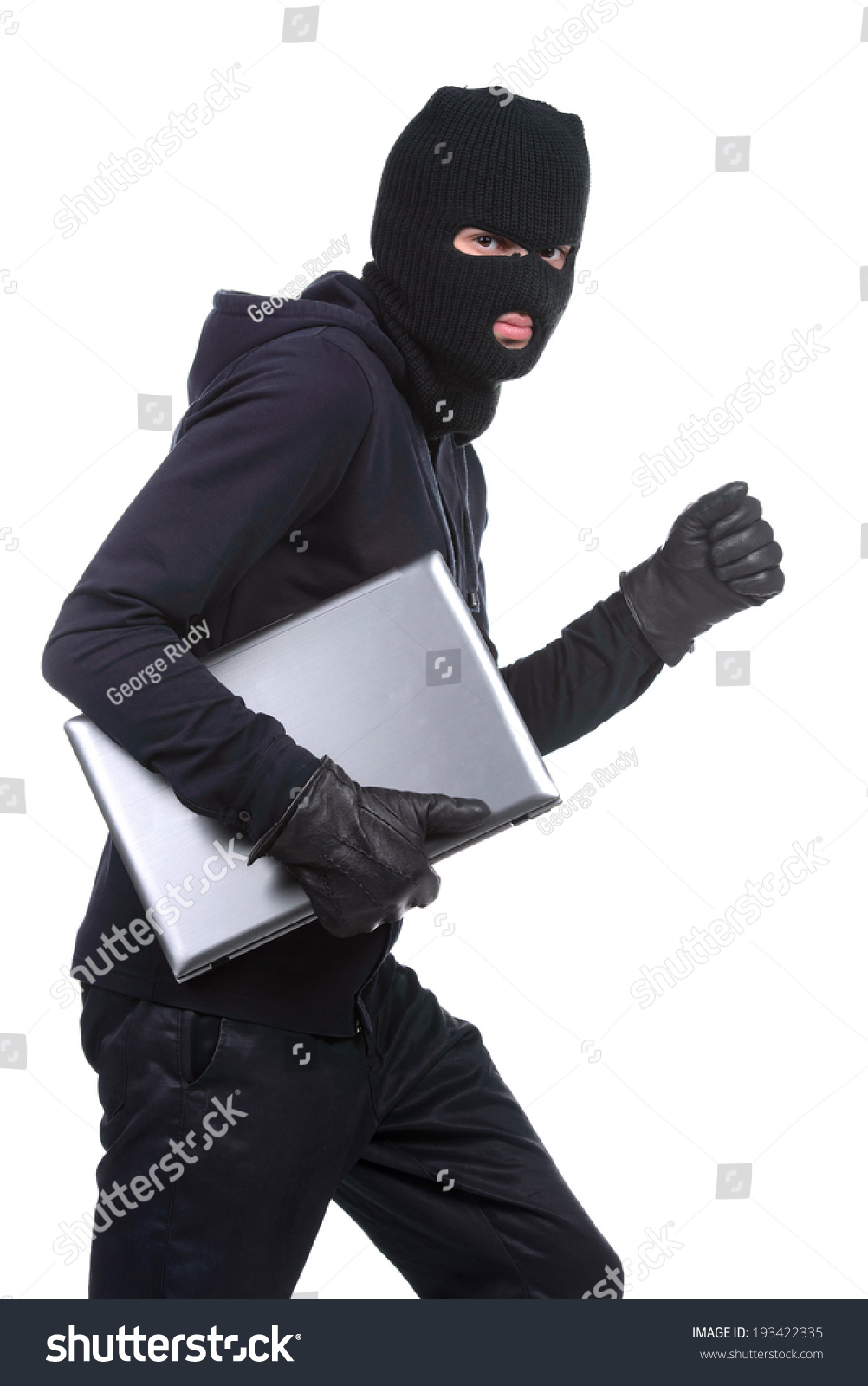 Thief Stealing Laptop Computer Isolated On Stock Photo