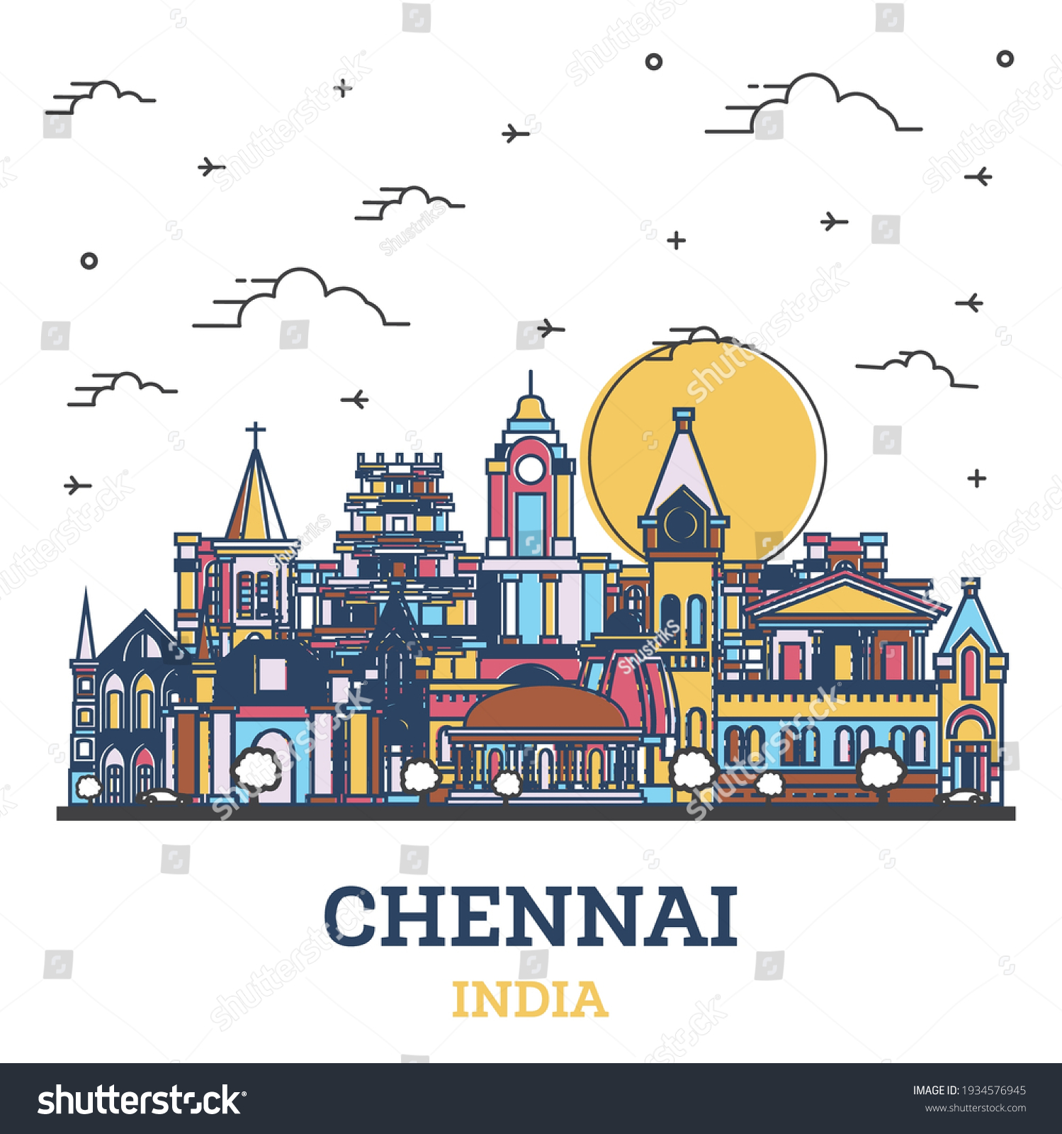 Outline Chennai India City Skyline Colored Stock Vector Royalty Free