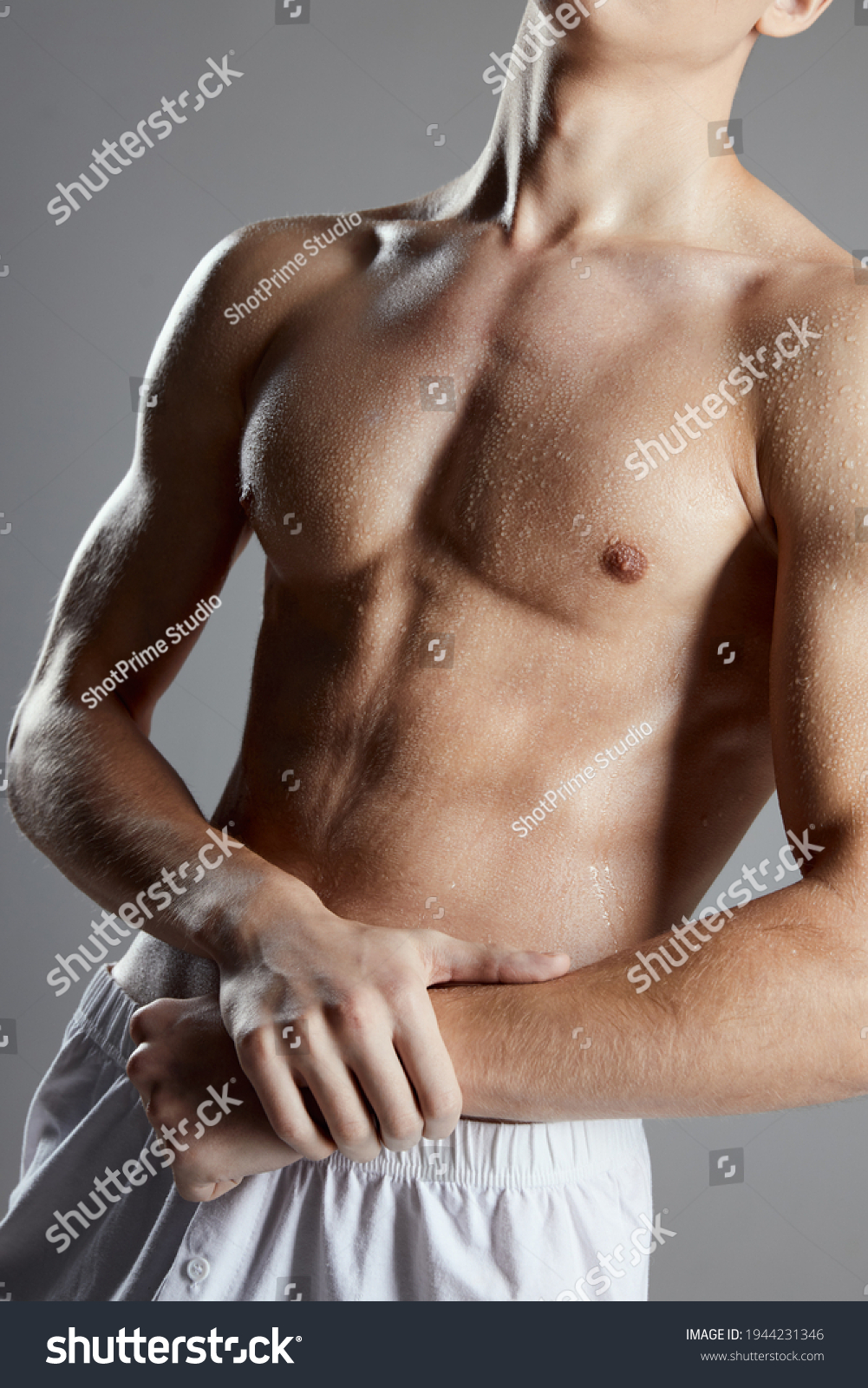 Portrait Naked Man Pumpedup Torso Biceps Stock Photo