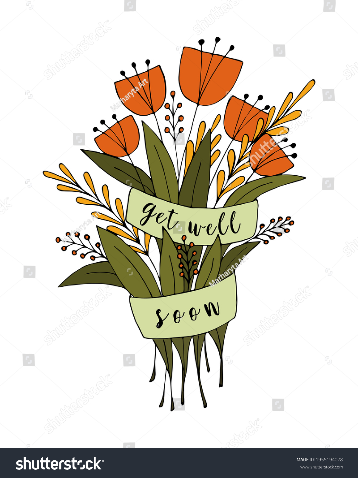 Bouquet Flowers Doodle Inscription Get Well Stock Vector Royalty Free