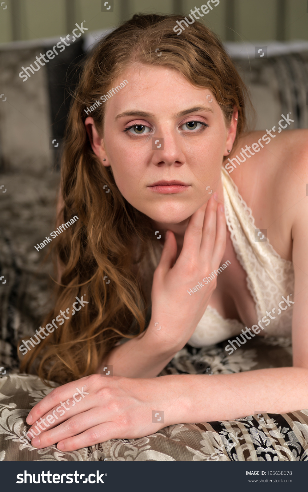 Tall Curvy Pale Brunette Vintage Lingerie Stock Photo