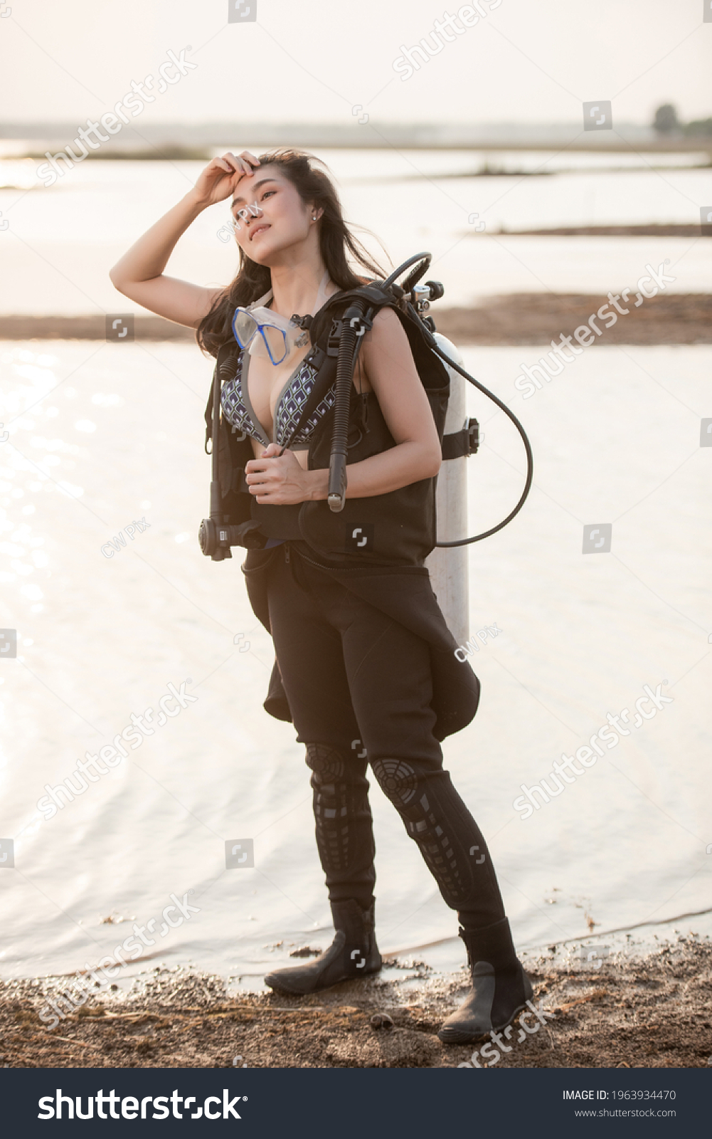 Sexy Female Scuba Diver Full Equipment Stock Photo