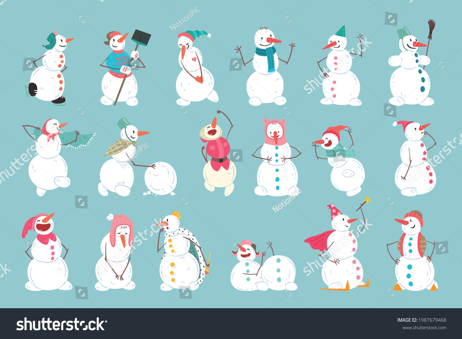 Set Cute Christmas Snowman Characters Funny Stock Vector Royalty Free