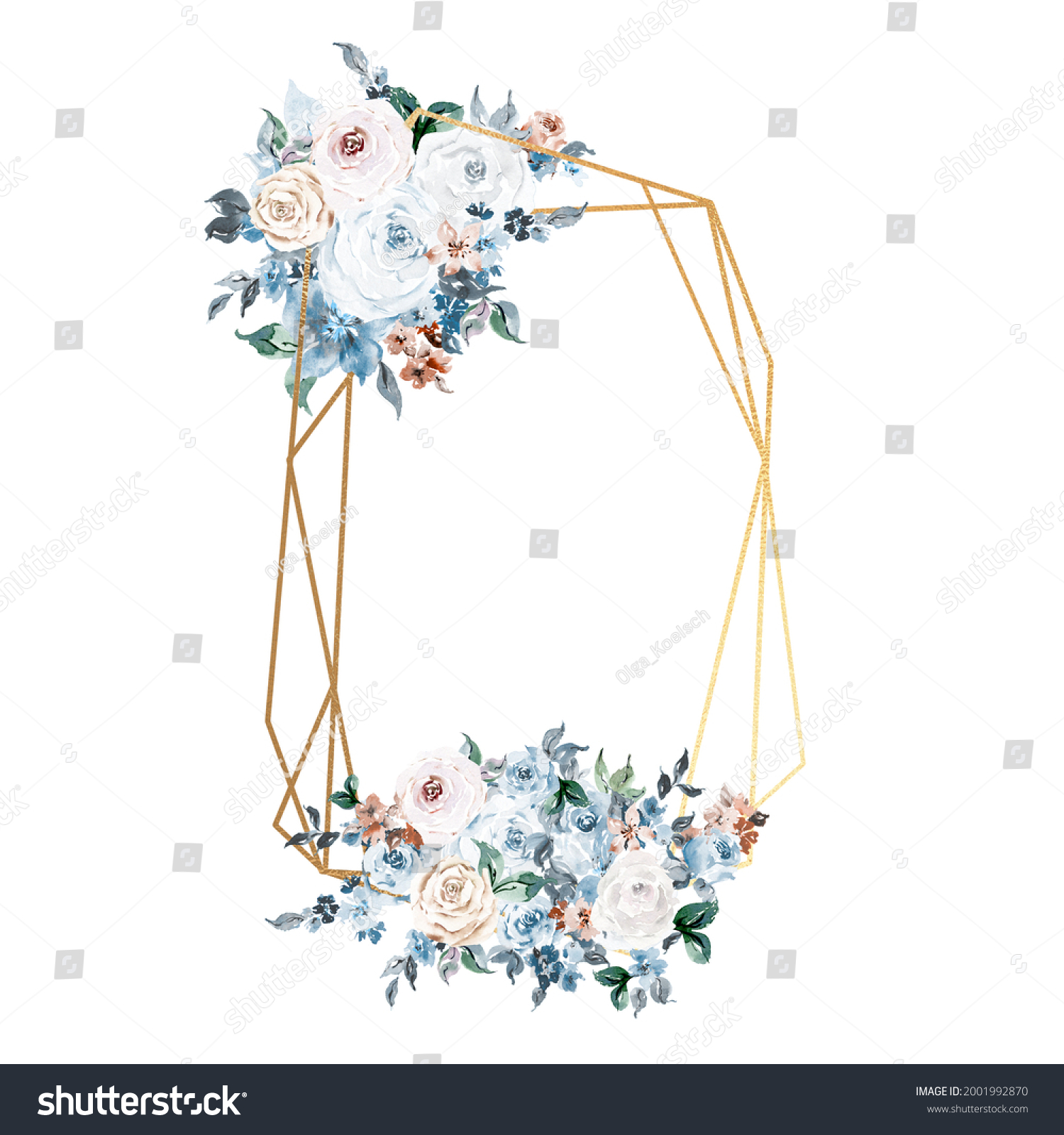 Dusty Blue Floral Frame Clipart Boho Stock Illustration