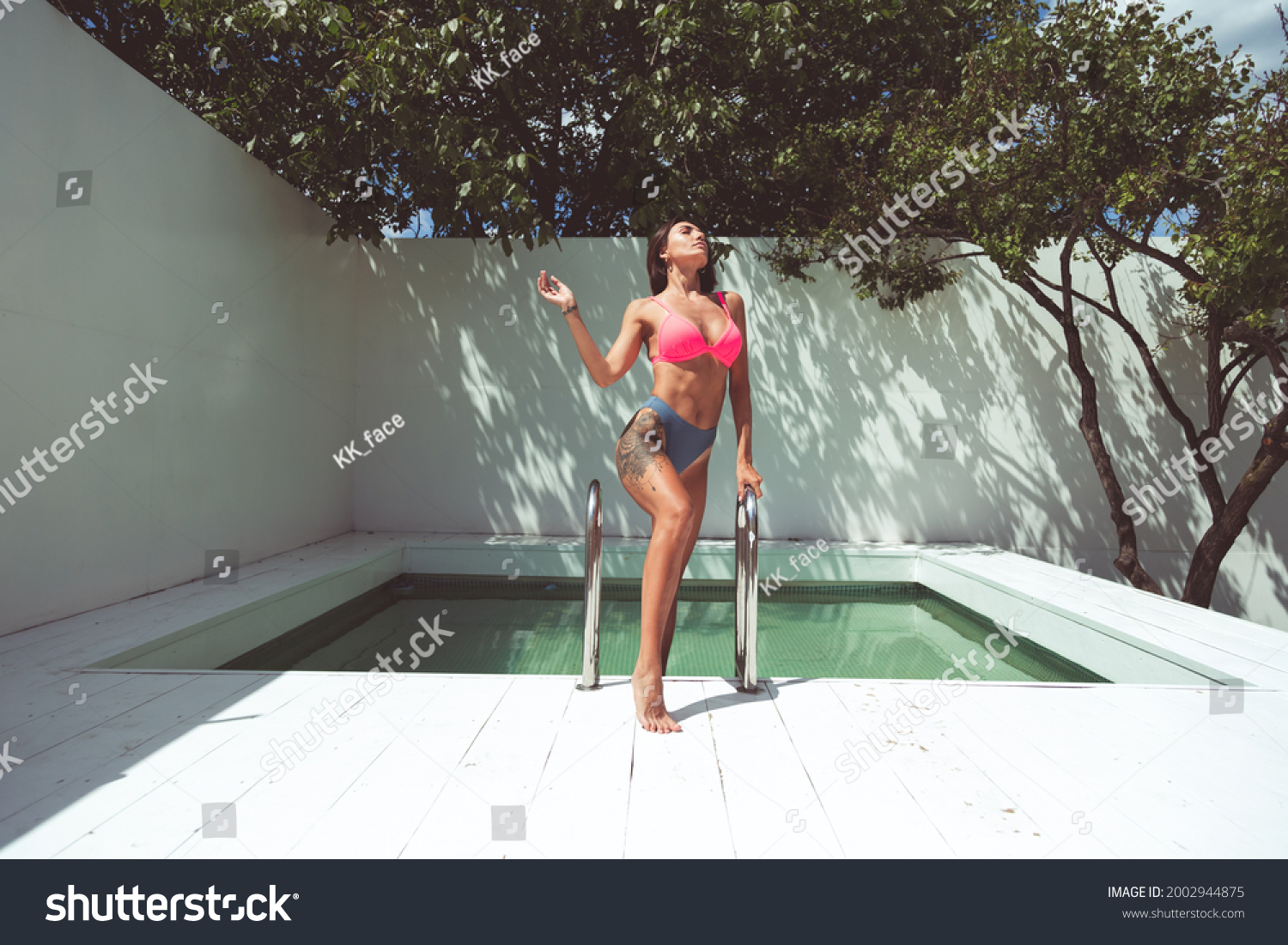 Beautiful Tanned Fit Woman Bikini Backyard Stock Photo 2002944875