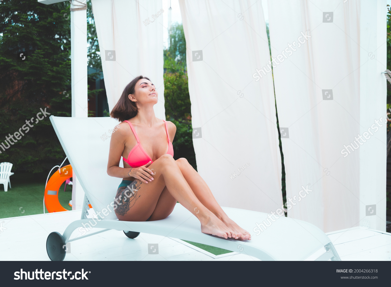 Beautiful Tanned Fit Woman Bikini Backyard Stock Photo 2004266318