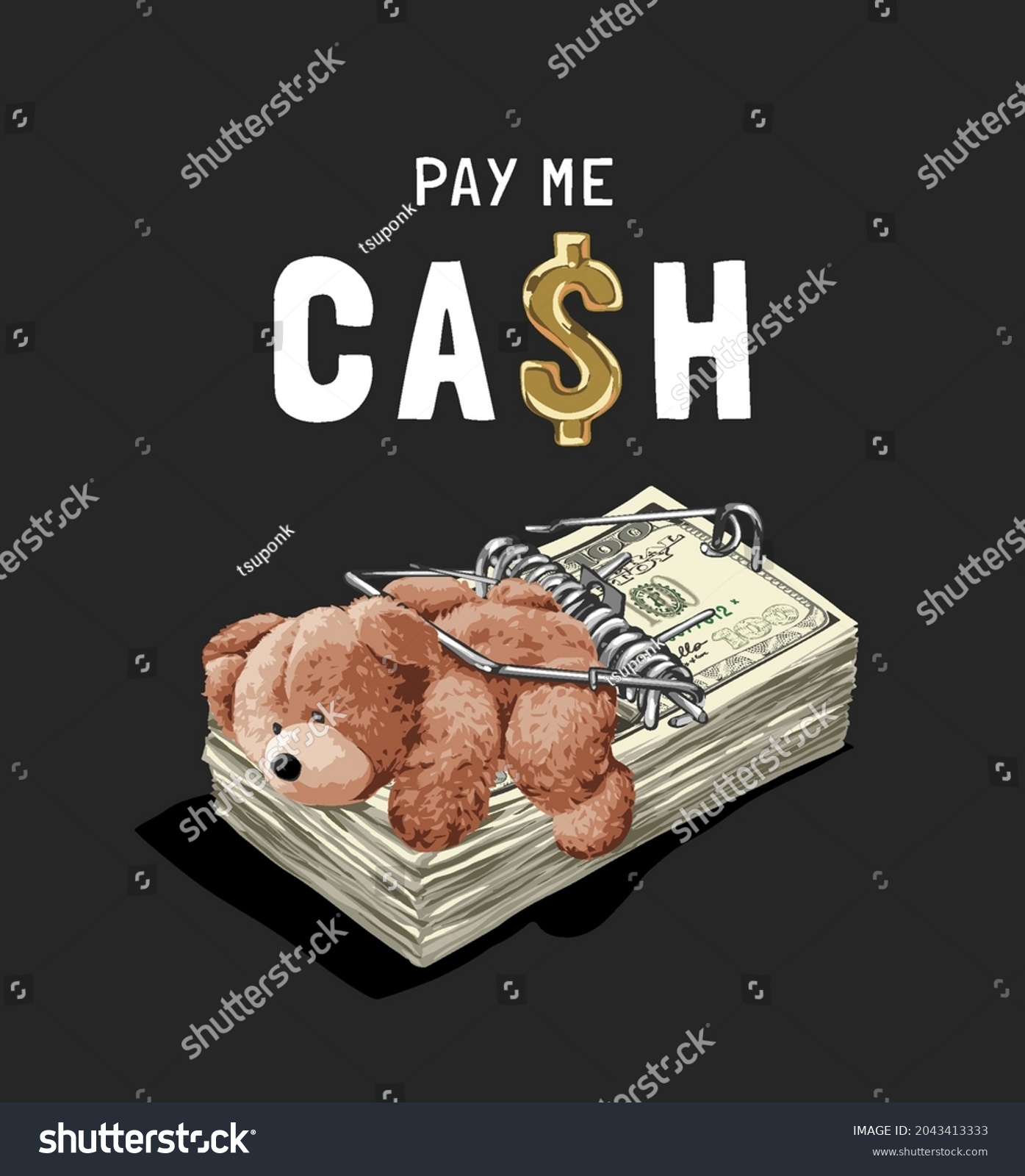 Cash Slogan Bear Doll Money Rat Vetor Stock Livre De Direitos