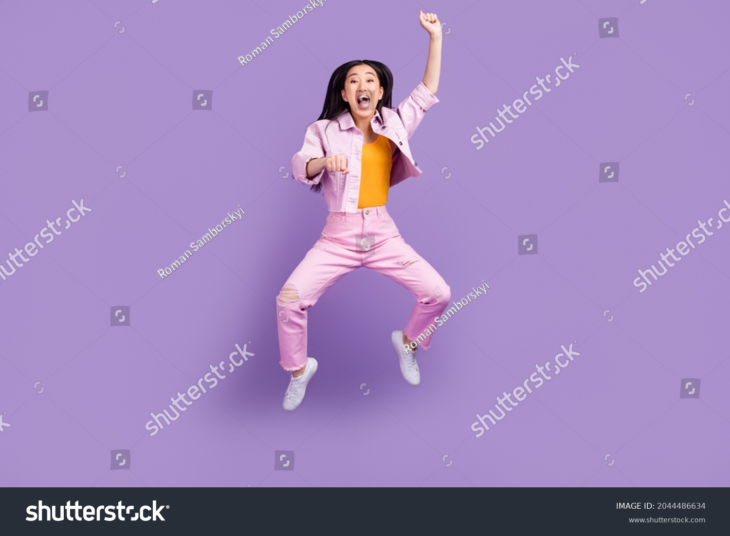 Full Body Photo Hooray Millennial Brunette Stock Photo 2044486634