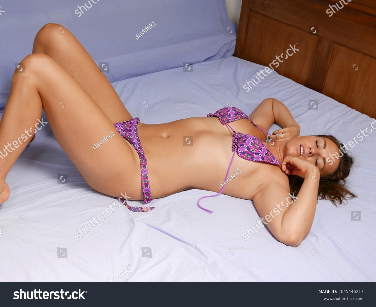 Beautiful Woman Lying Bed Playing Bikini Stock Photo