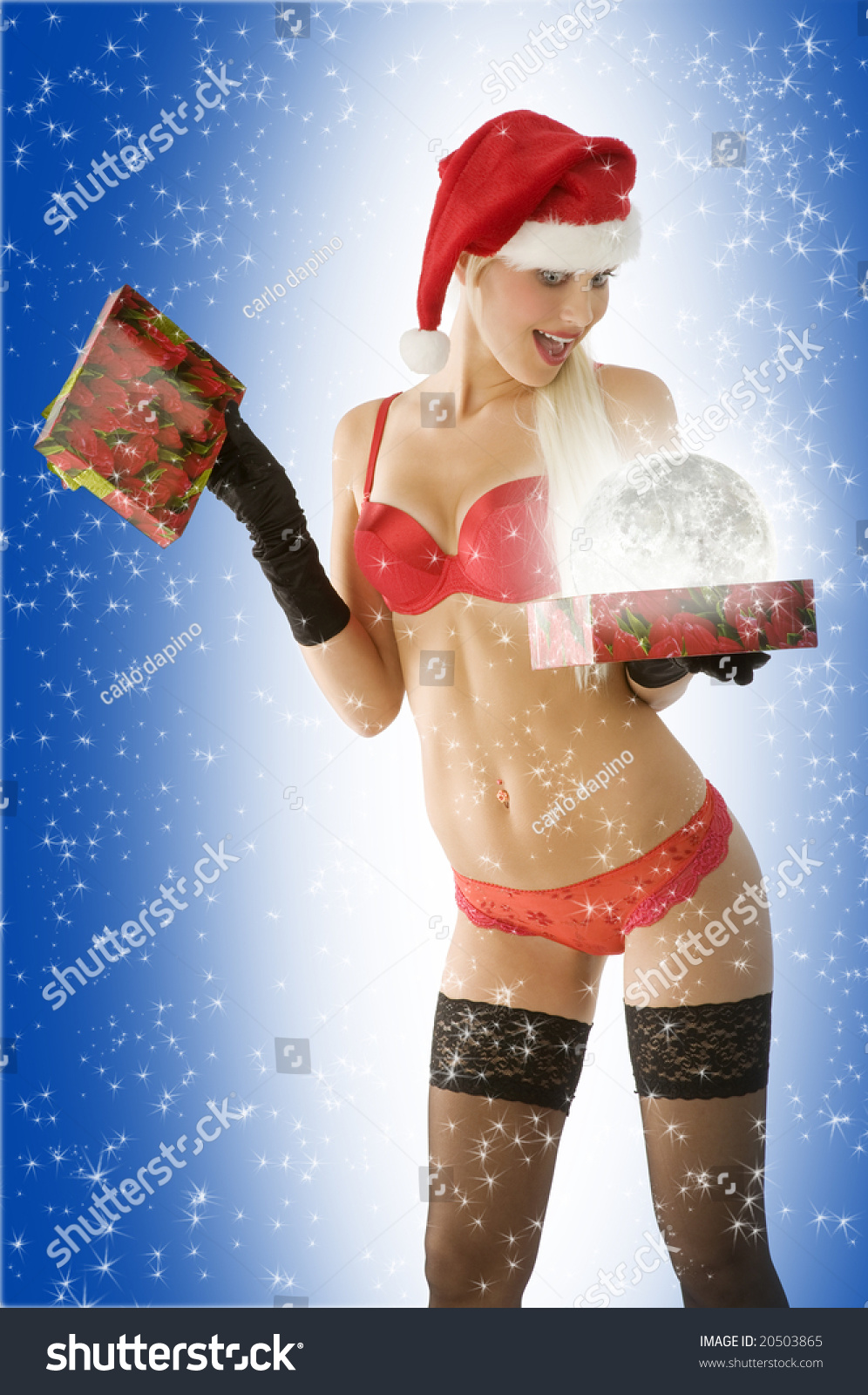 Sexy Blond Red Lingerie Looking Surprised Stock Photo