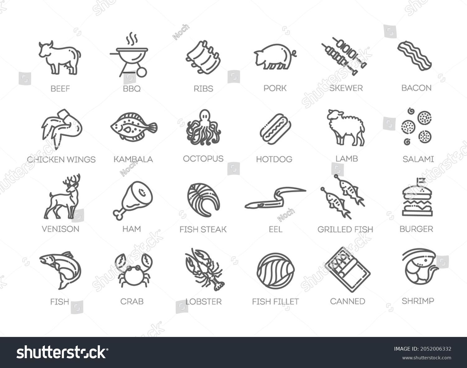 Meat Poultry Fish Eggs Minimal Thin Stock Vector Royalty Free