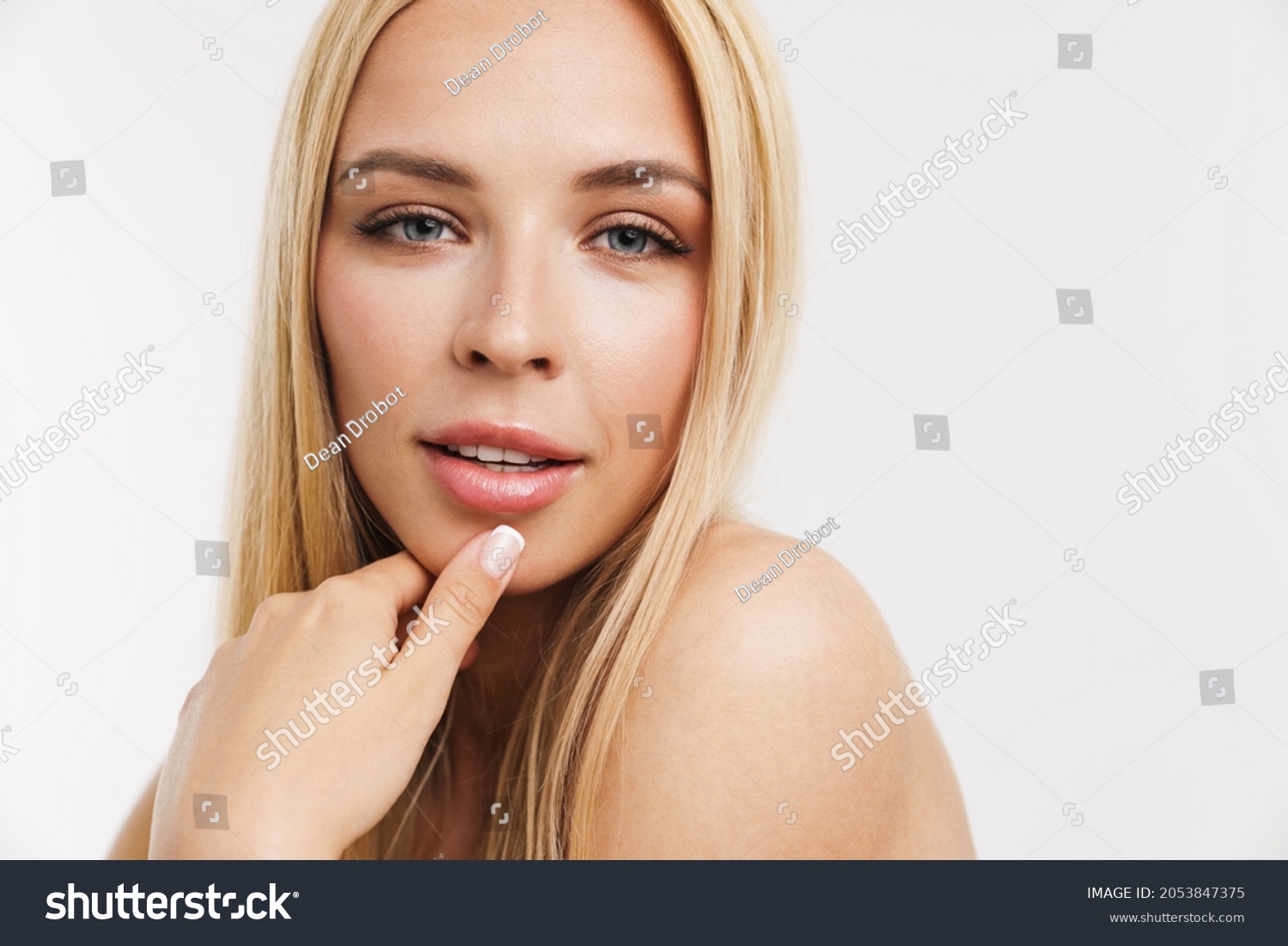 Halfnaked Blonde Woman Posing Looking Camera Stock Photo