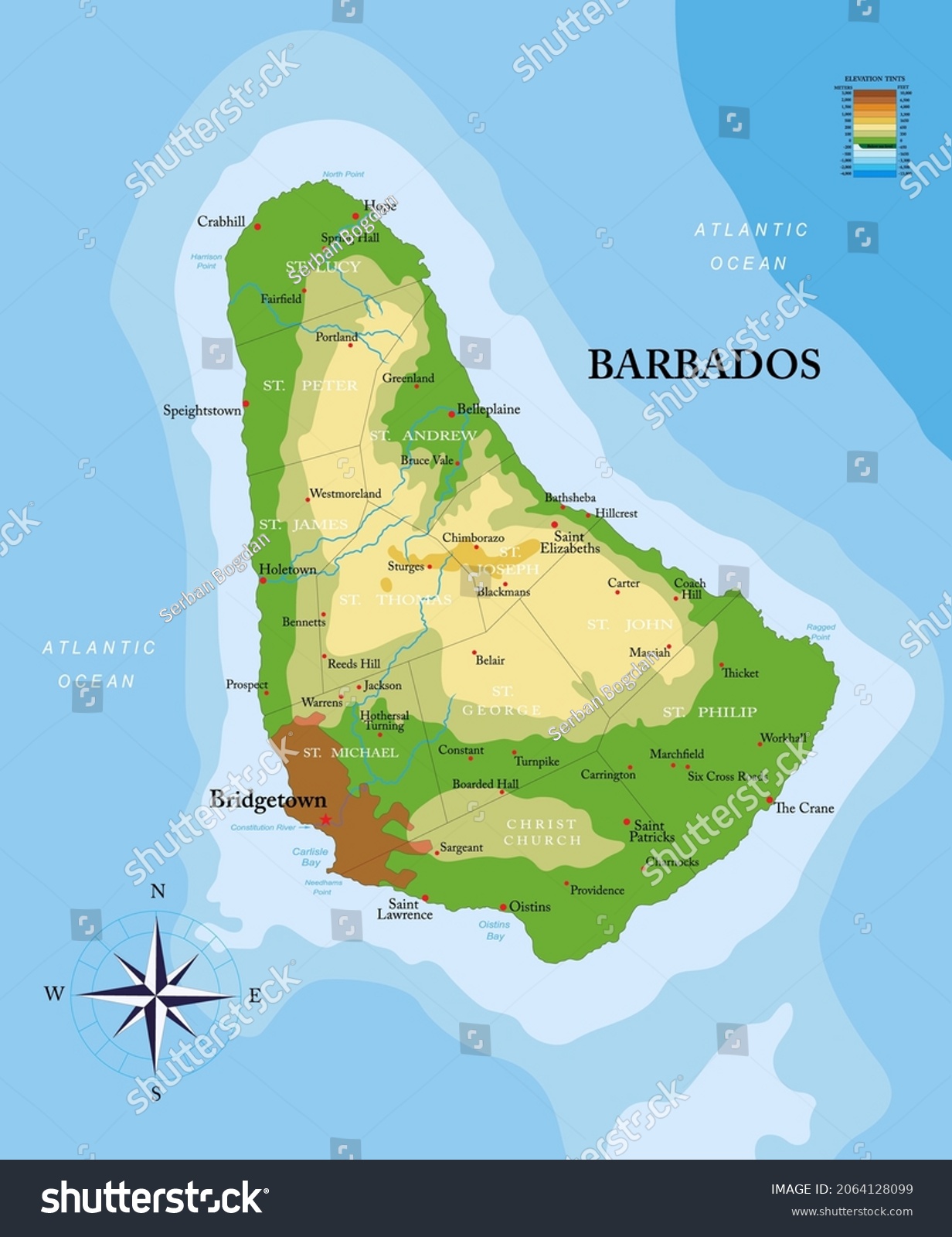 Barbados Island Highly Detailed Physical Map Stock Vector Royalty Free