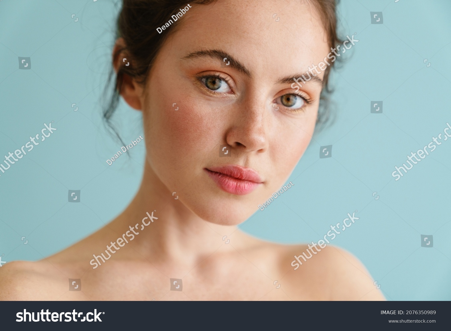 Halfnaked Brunette Woman Posing Looking Camera Stock Photo