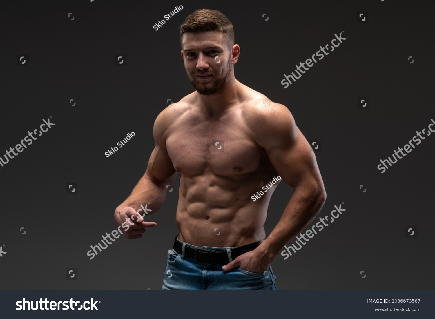 Waist Portrait Bearded Shirtless Bodybuilder Looking Stock Photo