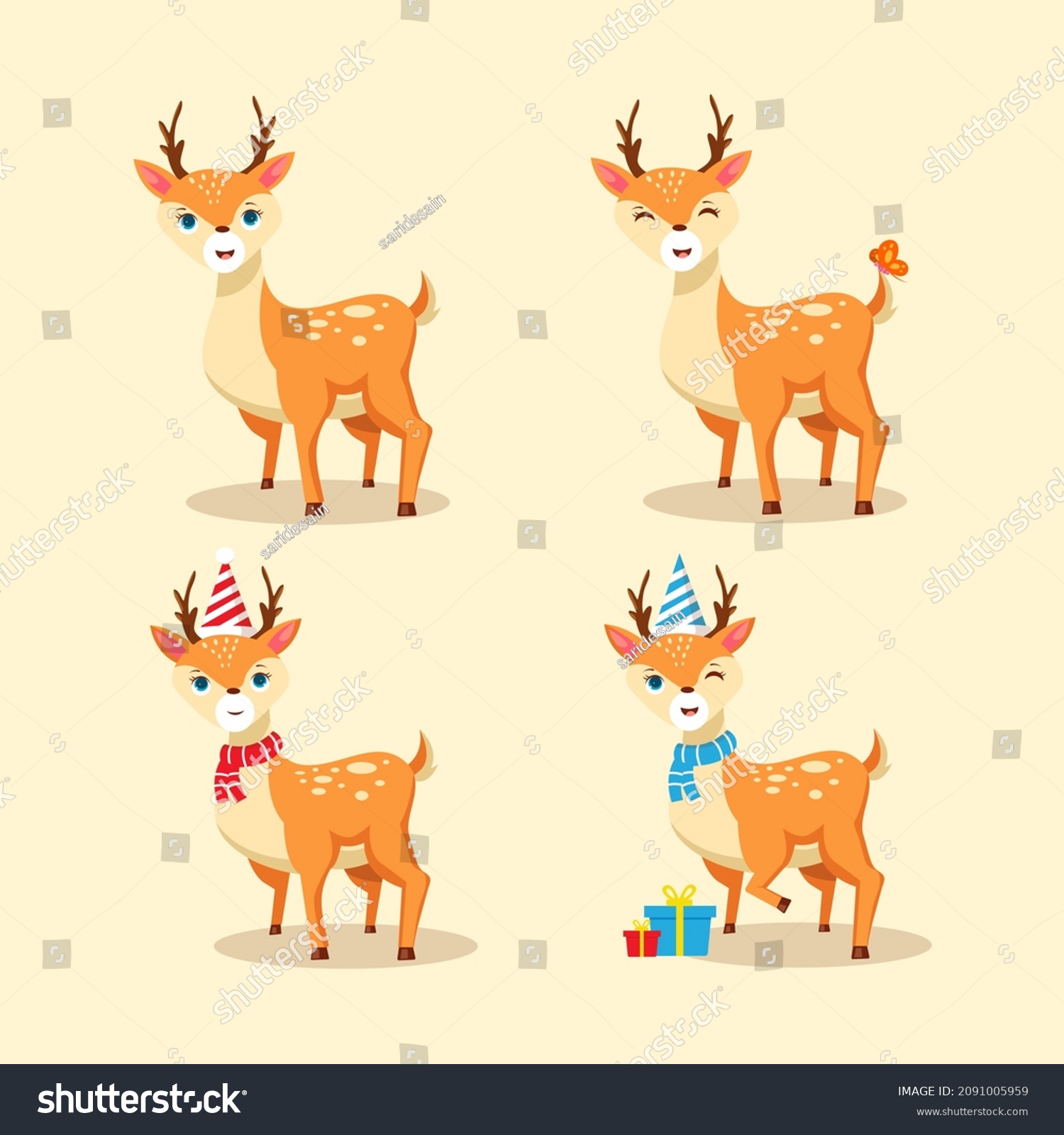 Cute Deer Cartoon Set Vector Illustration Stock Vector Royalty Free