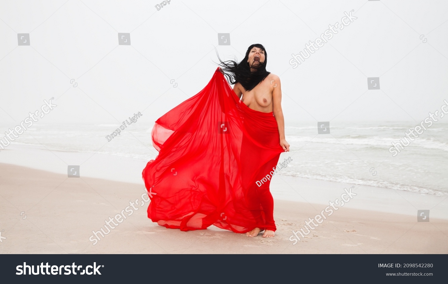 Beautiful Nude Woman Red Fabric Posing Stock Photo