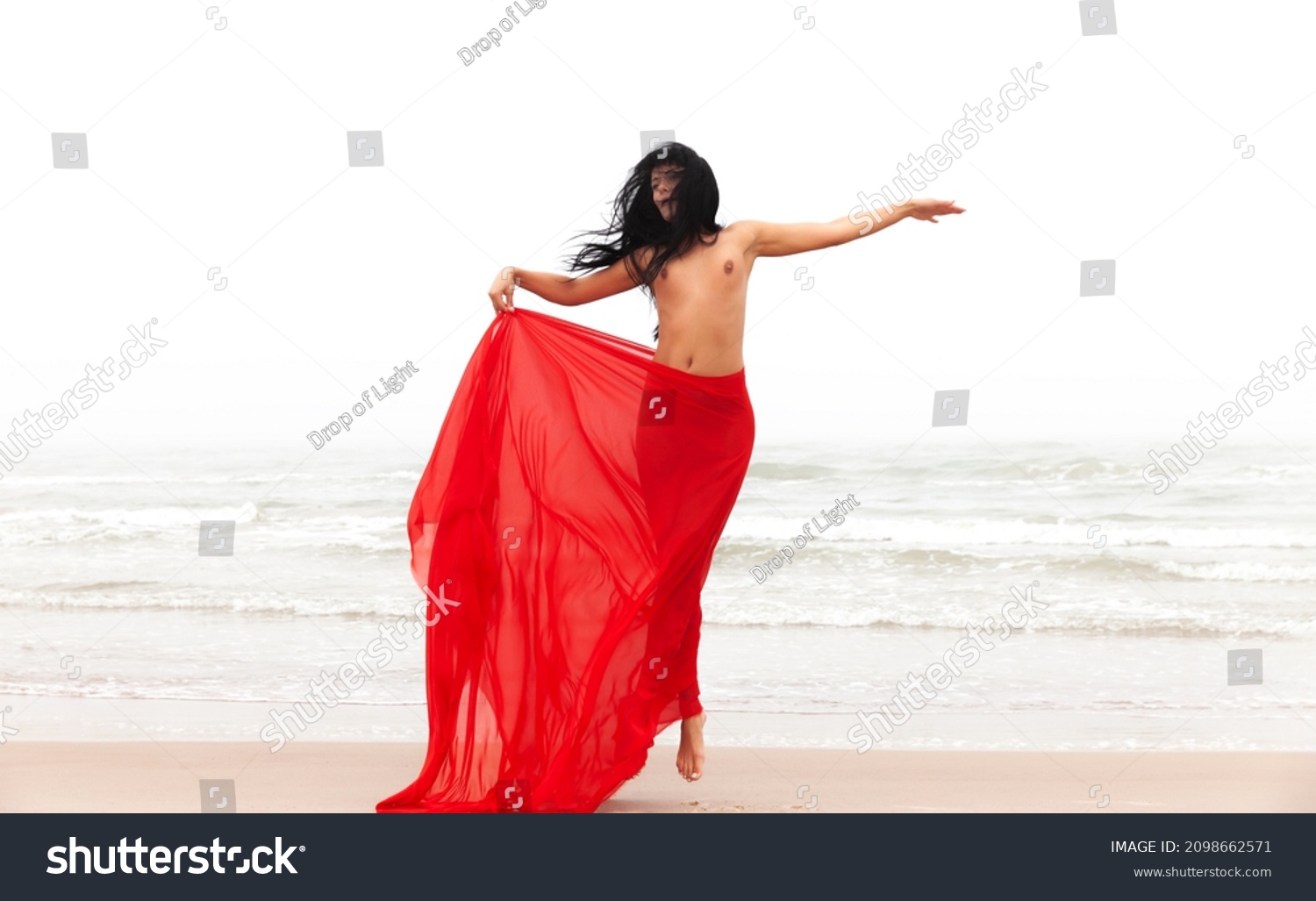 Beautiful Nude Woman Red Fabric Posing Stock Photo 2098662571