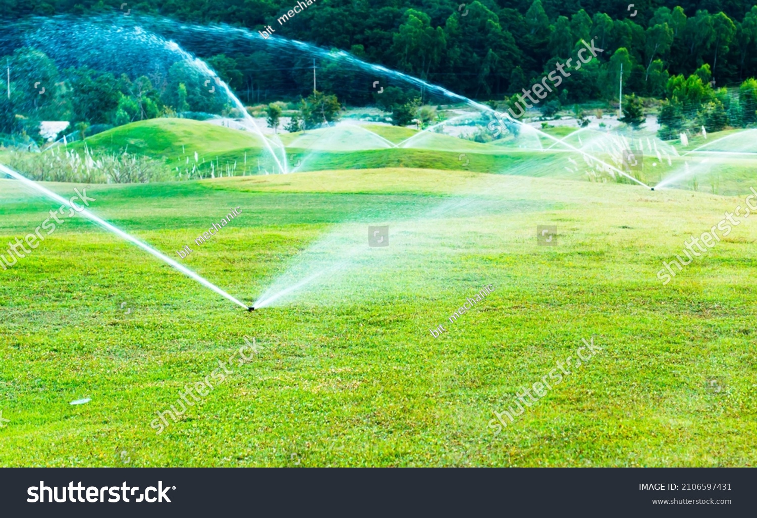 Sprinklers Watering System Working Green Golf Stock Photo