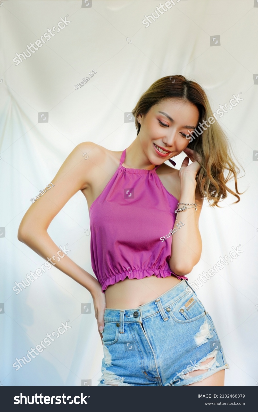 Portrait Fashionable Slim Woman Wearing Crop Stock Photo 2132468379