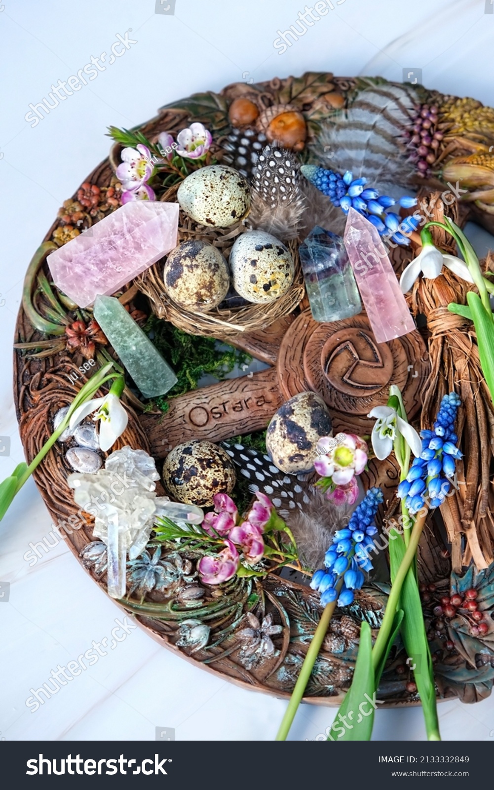 Altar Spring Ostara Sabbath Wiccan Wheel Stock Photo