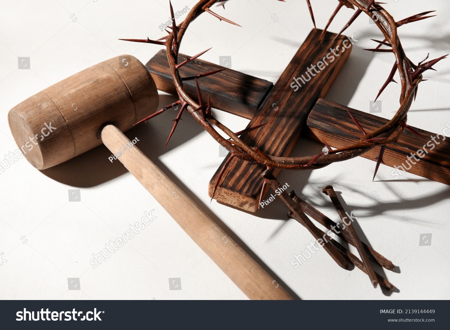 Crown Thorns Wooden Cross Mallet Nails Stock Photo 2139144449