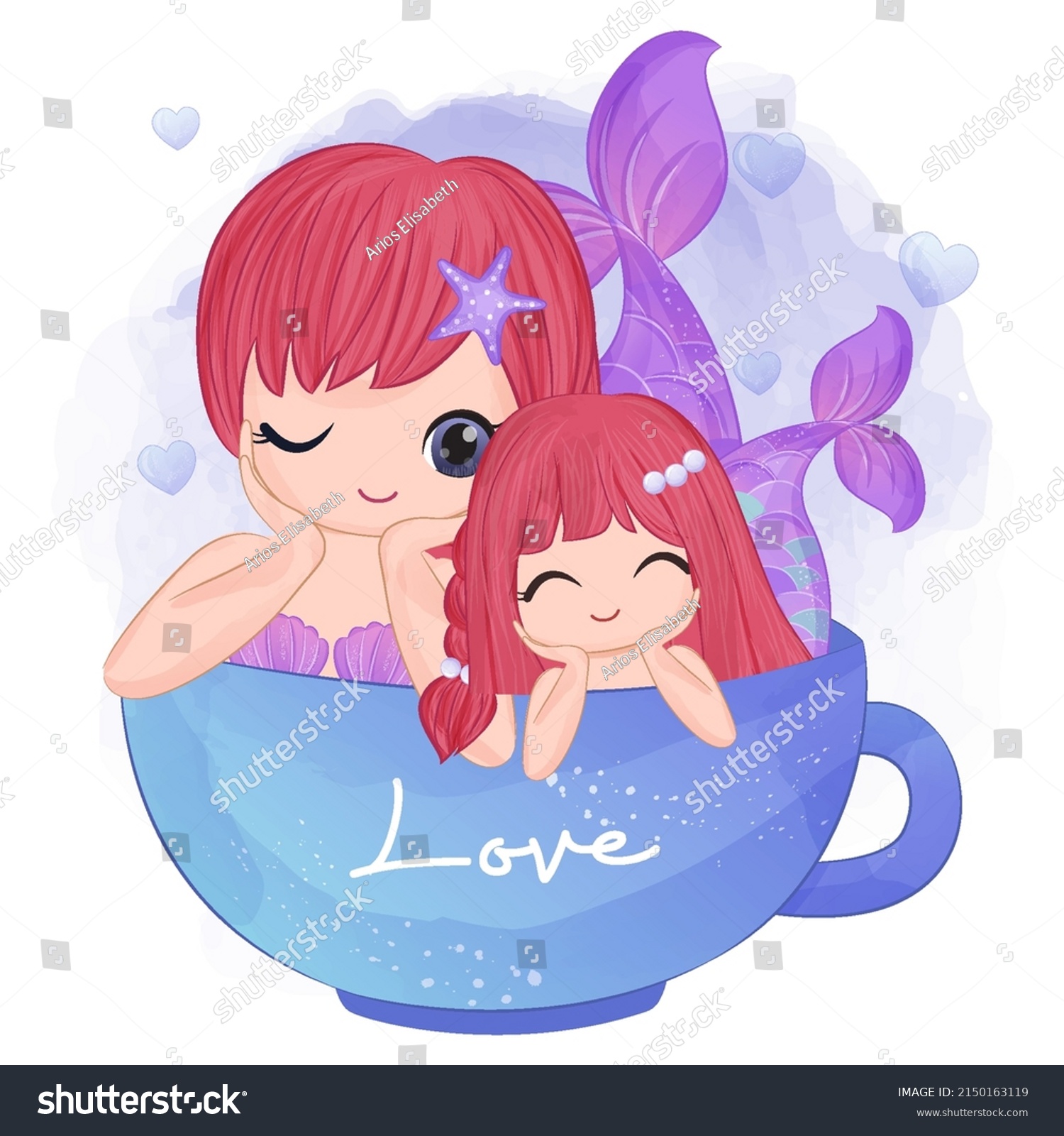 Cute Mermaid Mom Baby Watercolor Illustration Stock Vector Royalty