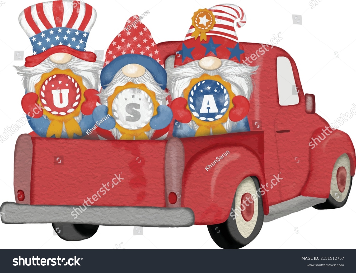 Group Three Cute Gnomes Truck Independence Stock Vector Royalty Free