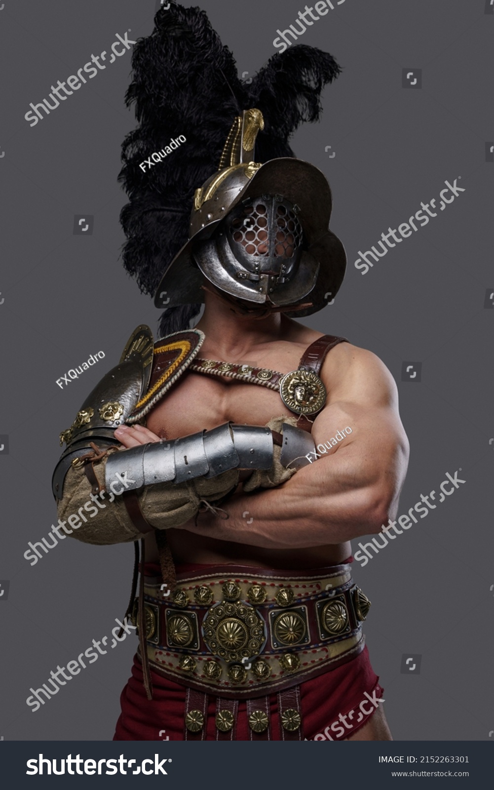 Portrait Confident Gladiator Naked Torso Dressed Stock Photo