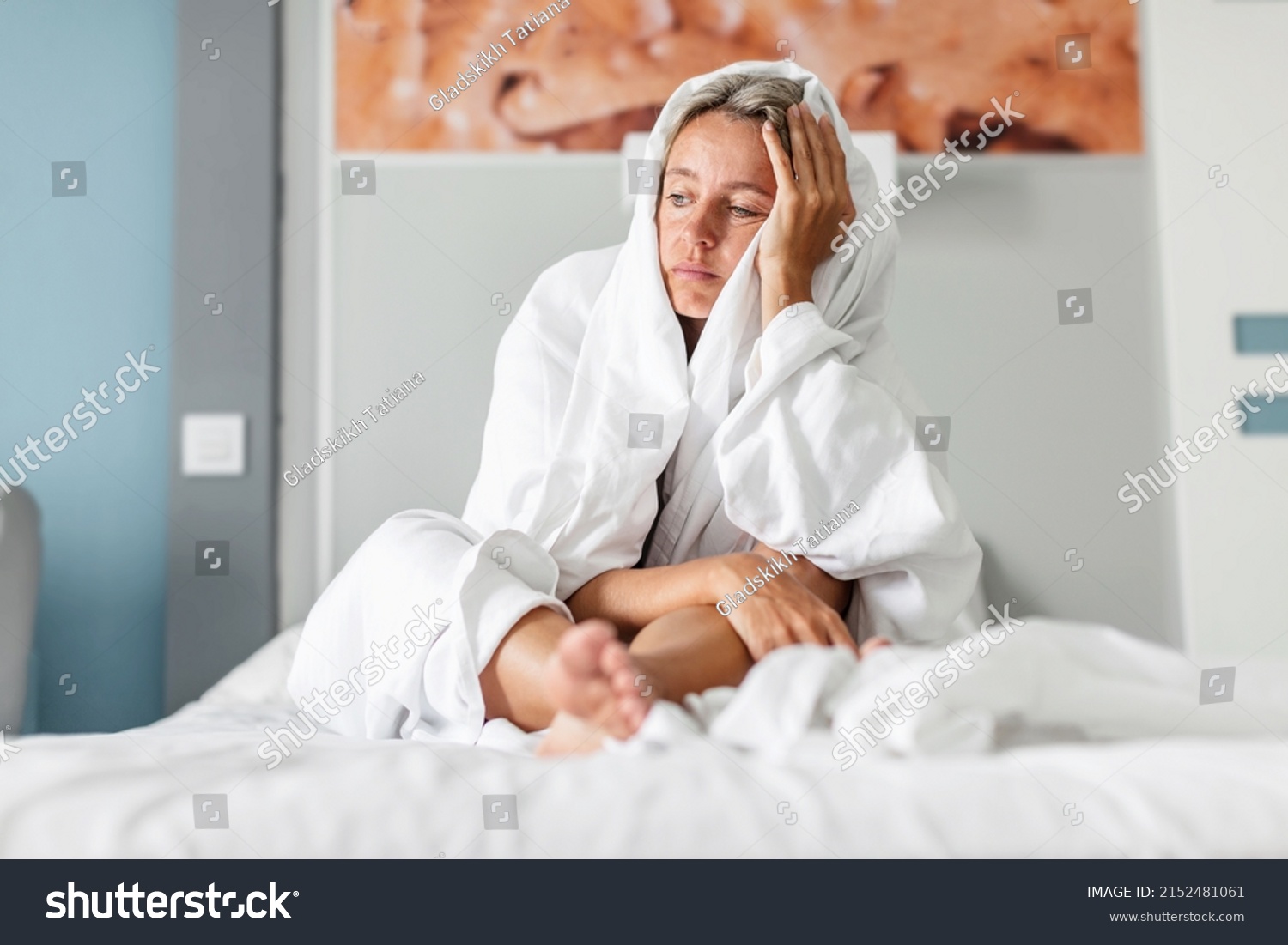 Sleepless Middleaged Woman Lying Bed Suffers Stock Photo