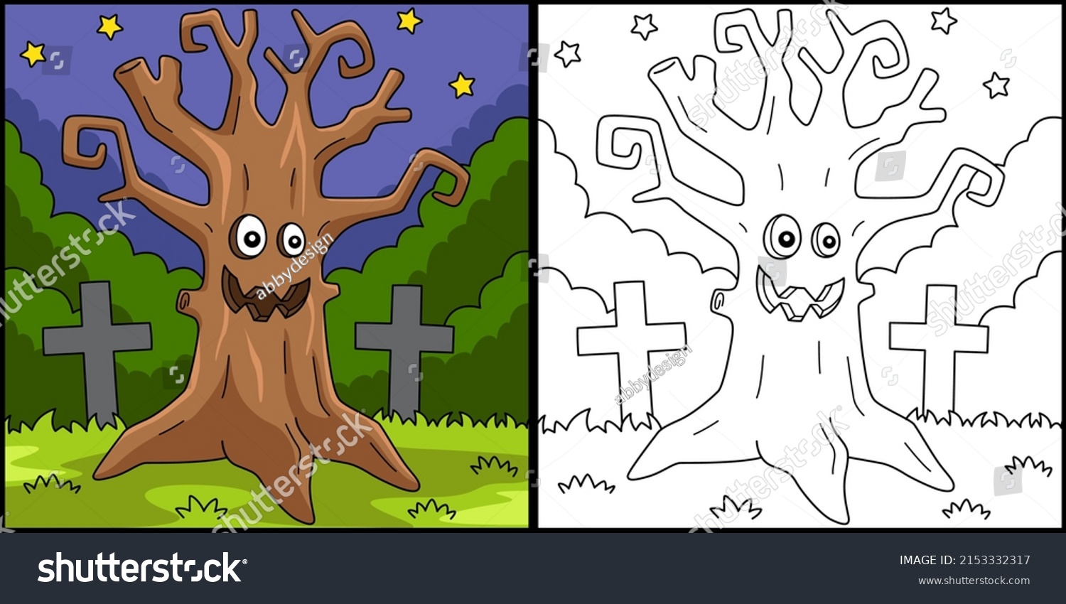 Scary Tree Halloween Coloring Page Illustration